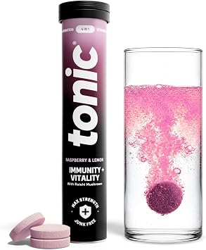 Tonic Health Immunity & Vitality Tablets - 4-in-1 Effervescent Multivitamins and Nutrients - Vitamin D, Vitamin C and Zinc - Vegan, No Sugar- Max Strength Tablets, Raspberry & Lemon, 20 Count