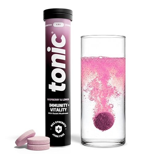 Tonic Health Immunity & Vitality Tablets - 4-in-1 Effervescent Multivitamins and Nutrients - Vitamin D, Vitamin C and Zinc - Vegan, No Sugar- Max Strength Tablets, Raspberry & Lemon, 20 Count - Raspberry & Lemon - 20 count (Pack of 1)