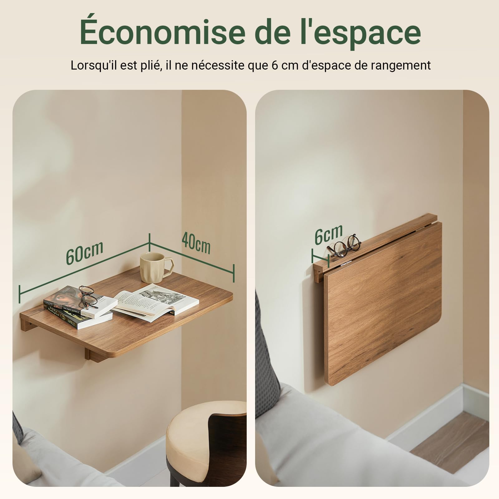 SoBuy Table Murale Pliante Stable, Charge 50 kg, 60x40 cm, Petits espaces