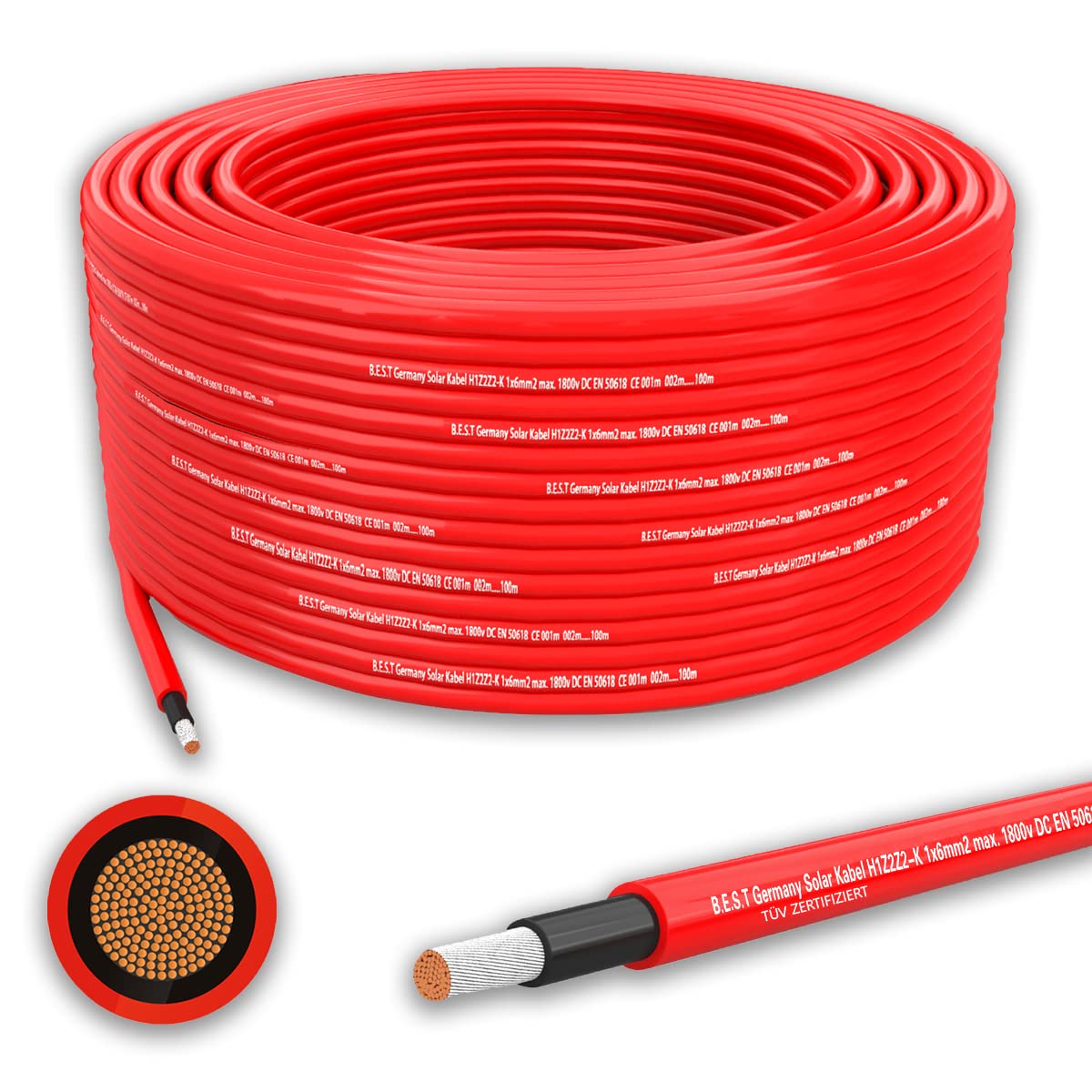 Germany B.e.s.t Solarkabel 6mm² Rot - 100m - Photovoltaikkabel, flexibel, UV-beständig, PV Kabel, leistungsstark, Schwarz-