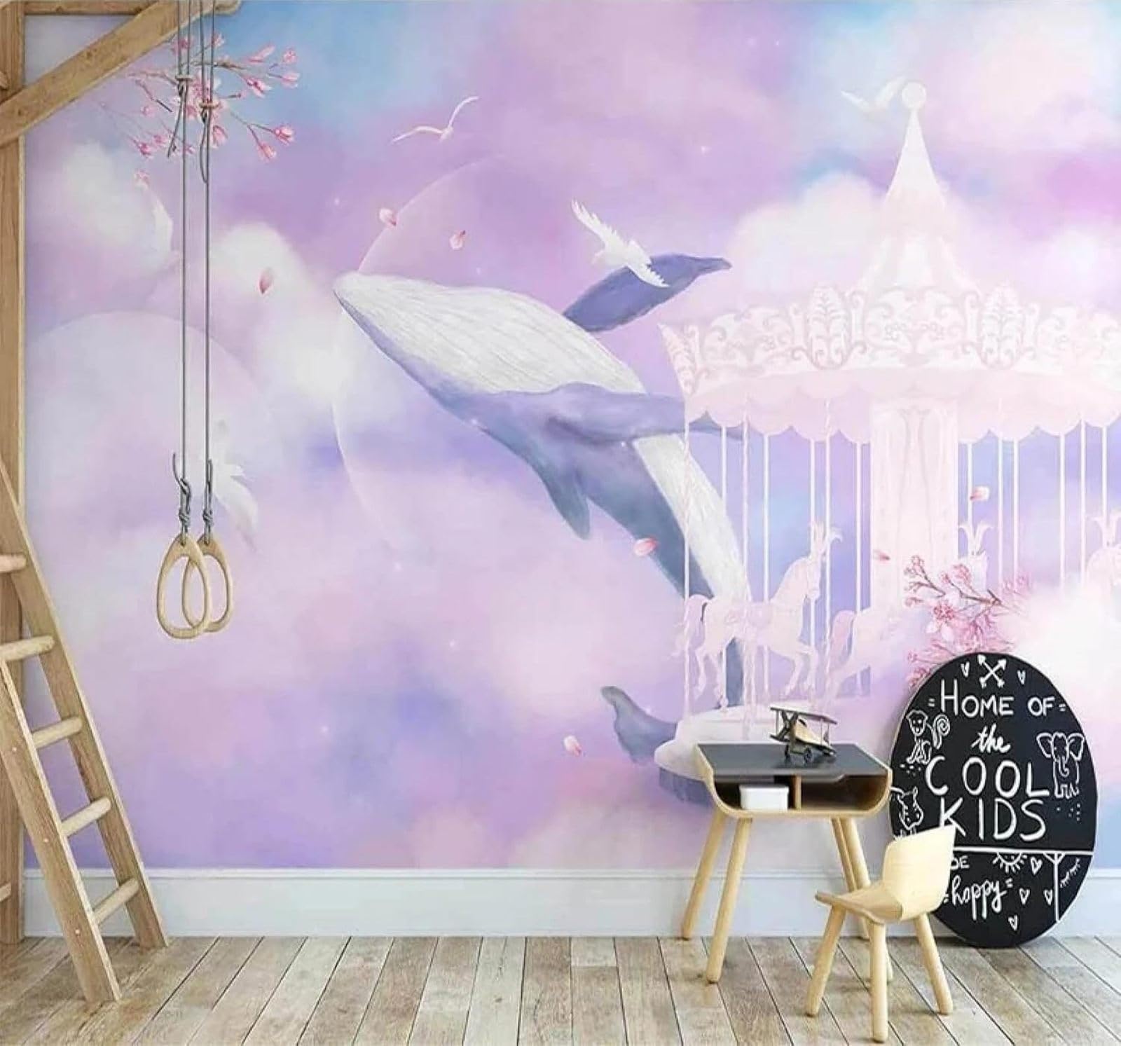 XLMING Cartoon Aesthetic Purple Bubbles Whale 3D Wallpaper Premium Textured Silk Study Dining Living Room Bedroom Sofa TV Wall Easy Install-200cm×140cm