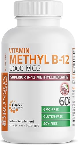 Vista 3 de Bronson Metil B12 5000 mcg Vitamina B12 Metilcobalamina Energía y Apoyo Cerebral 60 Pastillas
