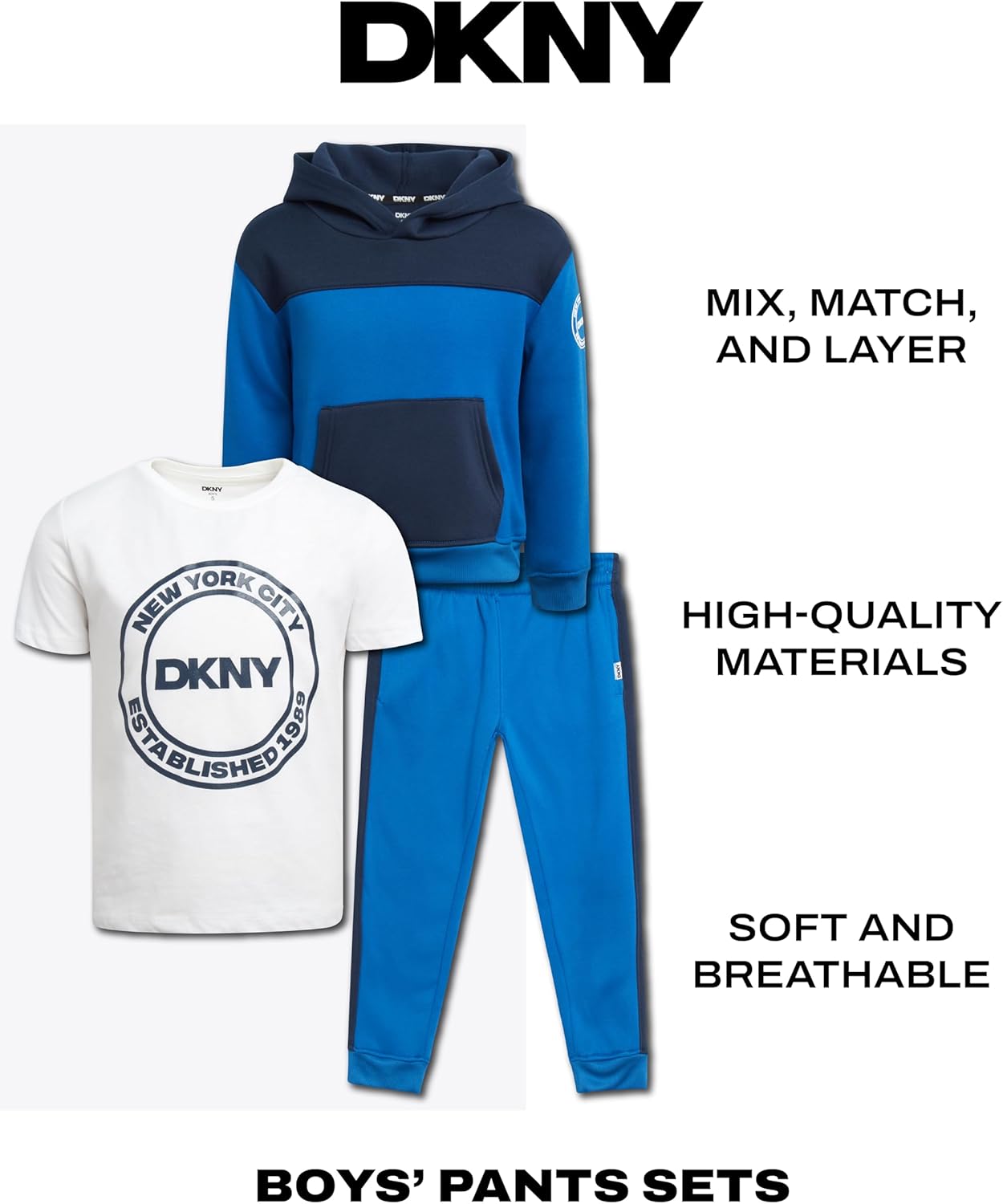 DKNY Toddler Boys' Jogger Set - 3 Piece Short Sleeve Graphic T-Shirt, Pullover Hoodie, and Jogger Sweat Pants (Sizes: 4-7) - Image 2