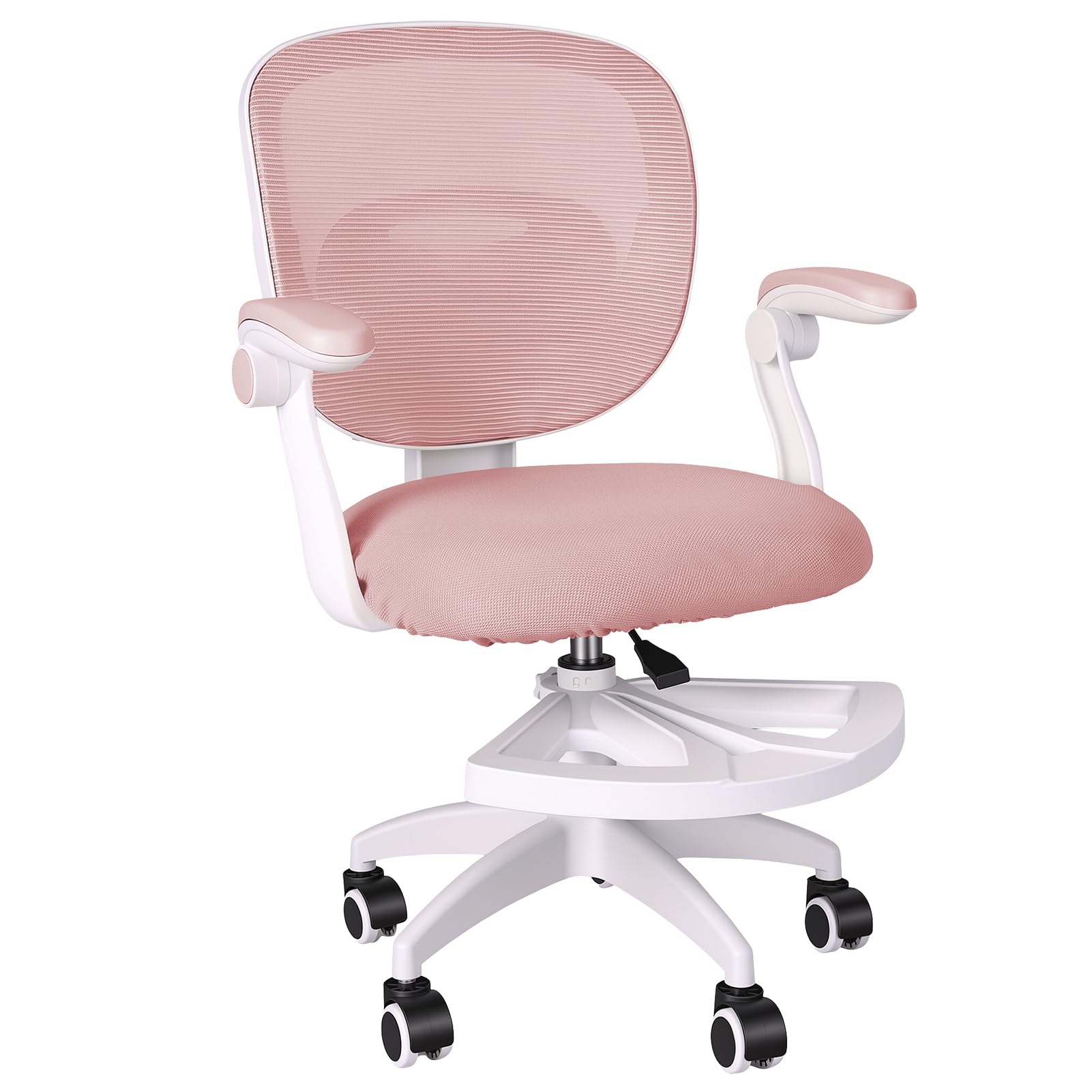 ulafbwur Kids Desk Chair with Flipped Armrest and Footrest,Ergonomic Study Chair Adjustable Height Swivel Kids Computer Chairs for Boys Girls at Home Bedroom Study Room Pink