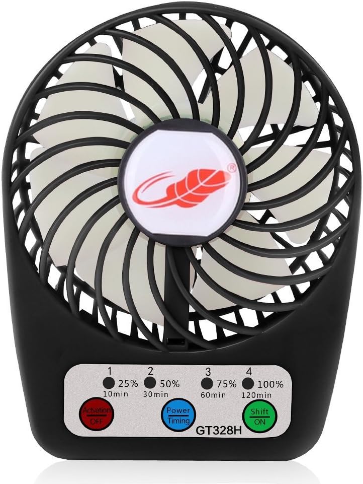 InteTech 4 Speed Adjustable USB Mini Desktop Fan With Built-in Lithium Battery, Timing Function and Battery Status Visible, Assembled with Steel Stand for Office Home and Travel (Black)