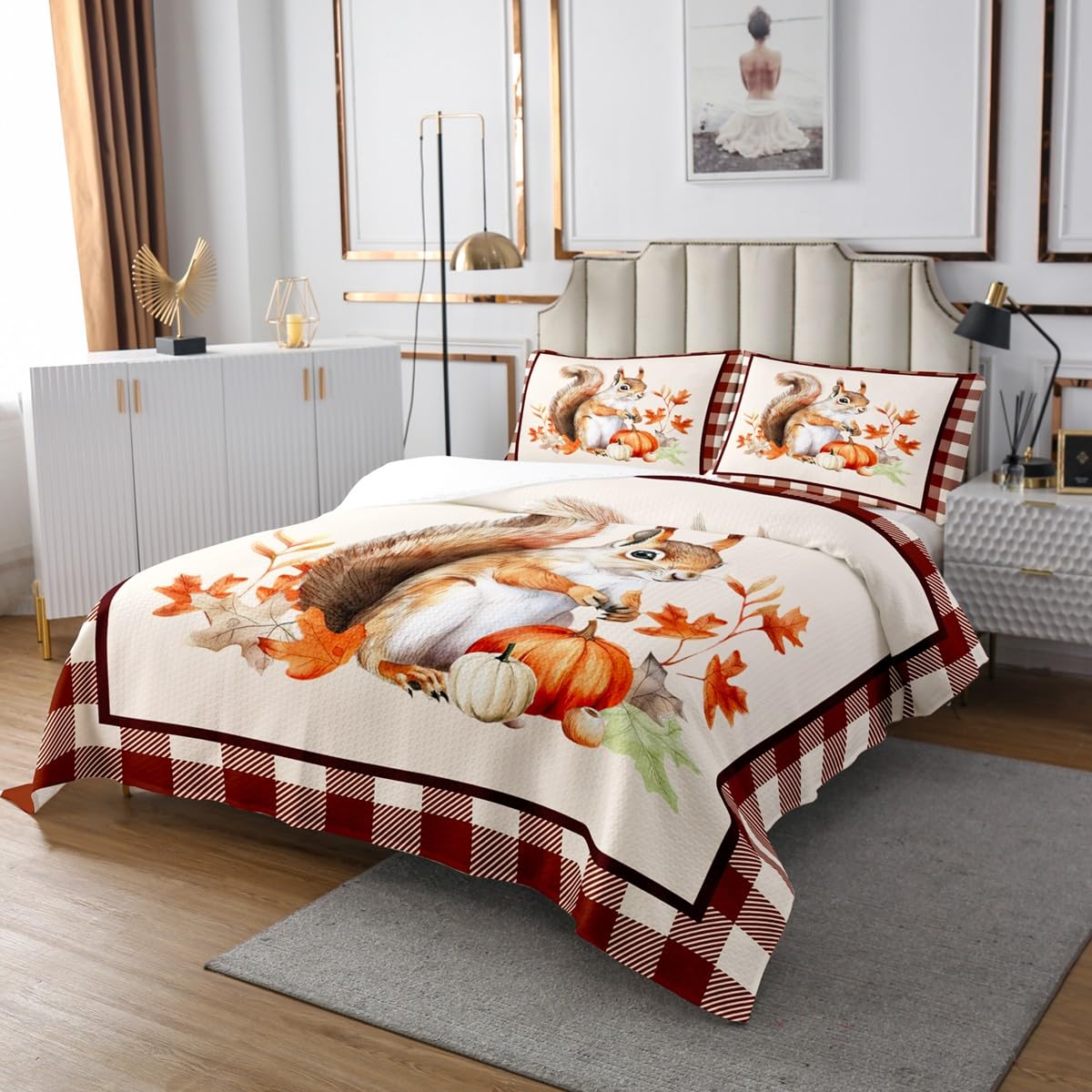 Fall Pumpkin Maple Leaf Coverlet Set Chic Autumn Harvest Squirrel Quilted Coverlet Vintage Wood Plank Grid Comforter Set Bedspreads Quilt Set for Children Kids Coverlet Set,Twin Size 2 Pcs