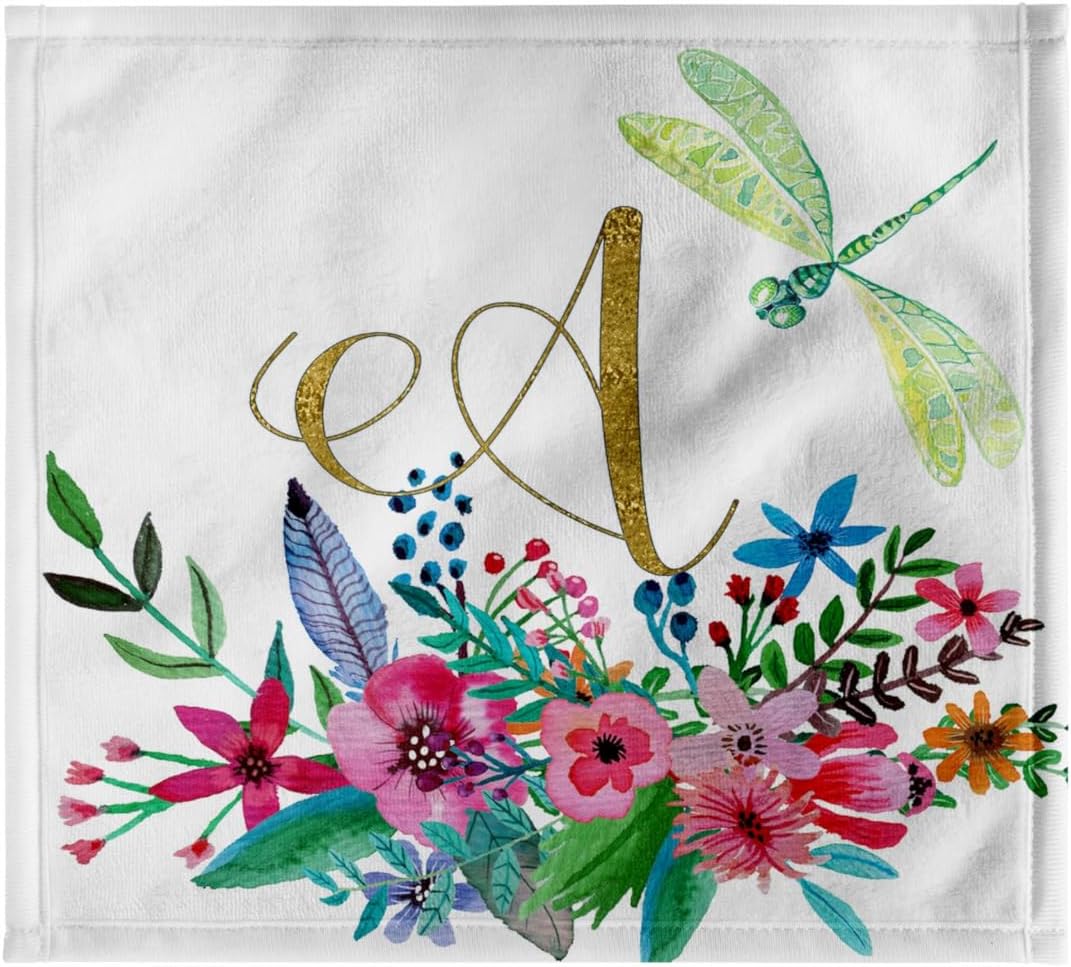 3dRose Pretty Watercolor Floral Green Dragonfly, Gold Monogram A Design 22x30 Bath Hand Pool Towel
