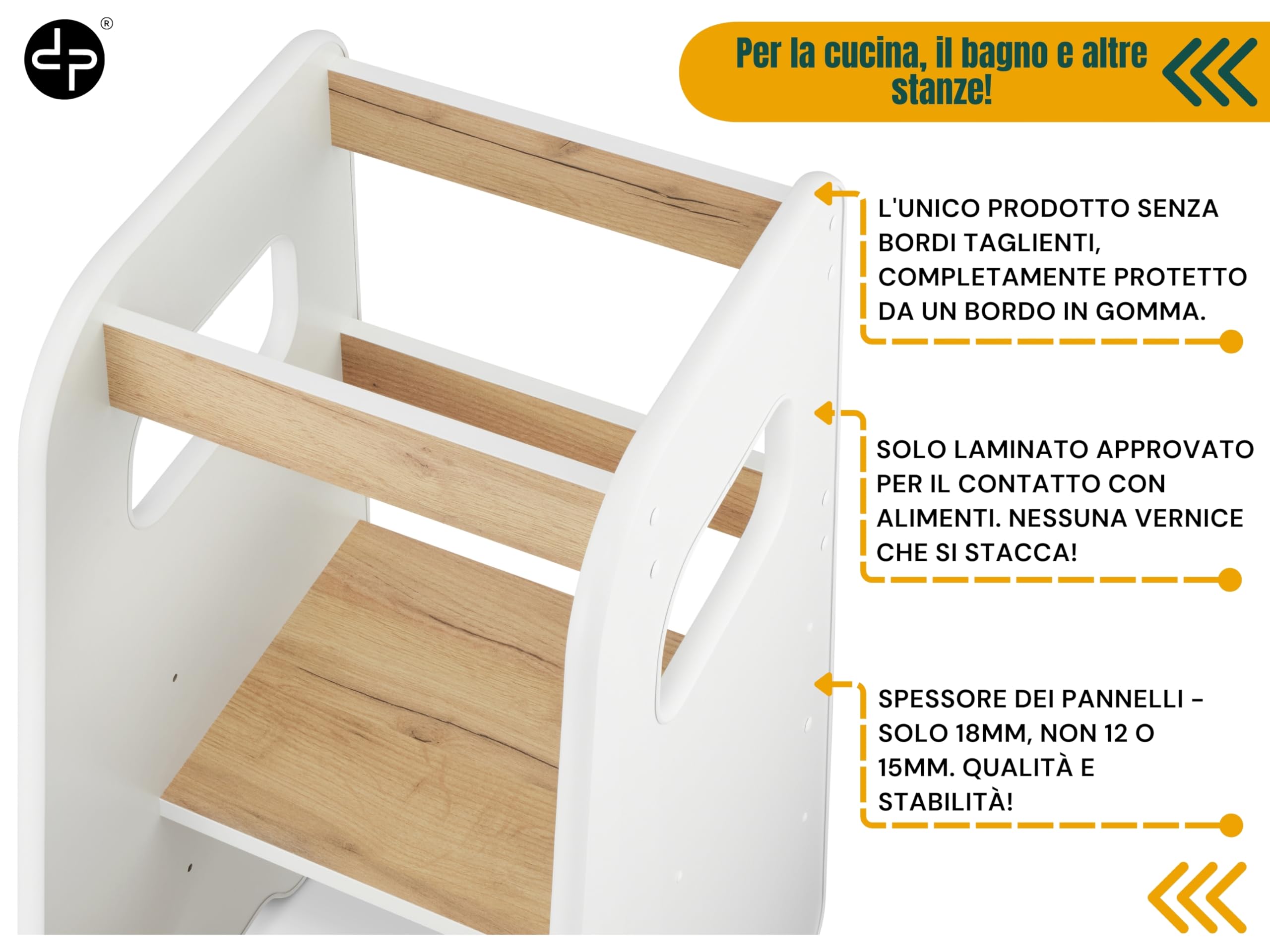 Torre Montessoriana bambini 1 anno Altezza regolabile 3 livelli Sgabello cucina Learning tower Bianco & Rovere