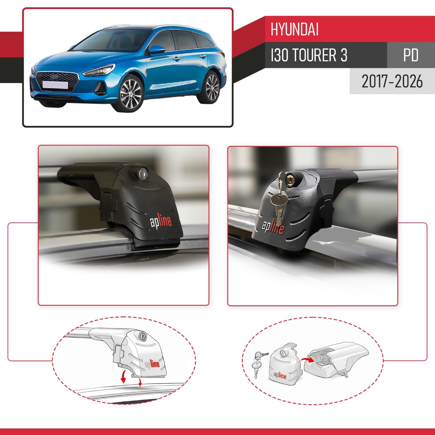 Compatibile con Hyundai i30 Tourer 3 (PD) 2017-2026 Modello ACE-2 Barre Tetto Portapacchi Auto Barre Portatutto Grigio Alluminio 2 Barre