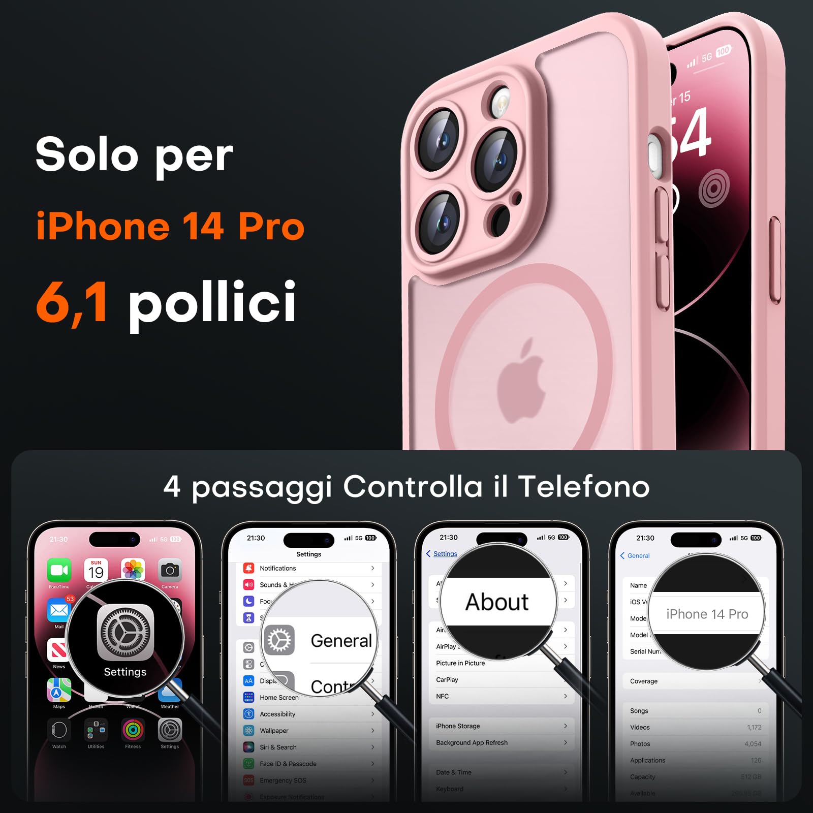 TOCOL Cover Magnetica per iPhone 14 Pro 6,1 Pollic, Compatibile con MagSafe, Protezione Fotocamera Integrata, Custodia Antiurto Traslucida Opaca, Rosa Chiaro