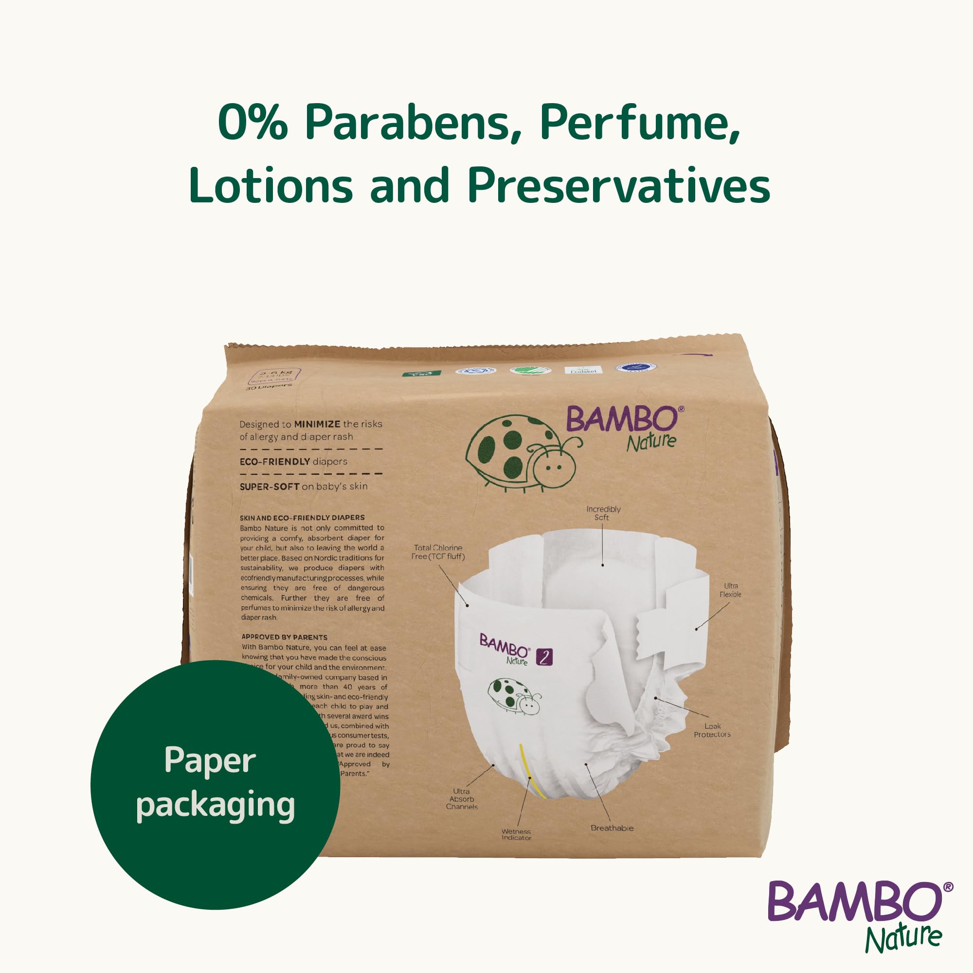 Pañales Bambo Nature talla 2 – 3 a 6 kg (Pack 6 x 30 Un)