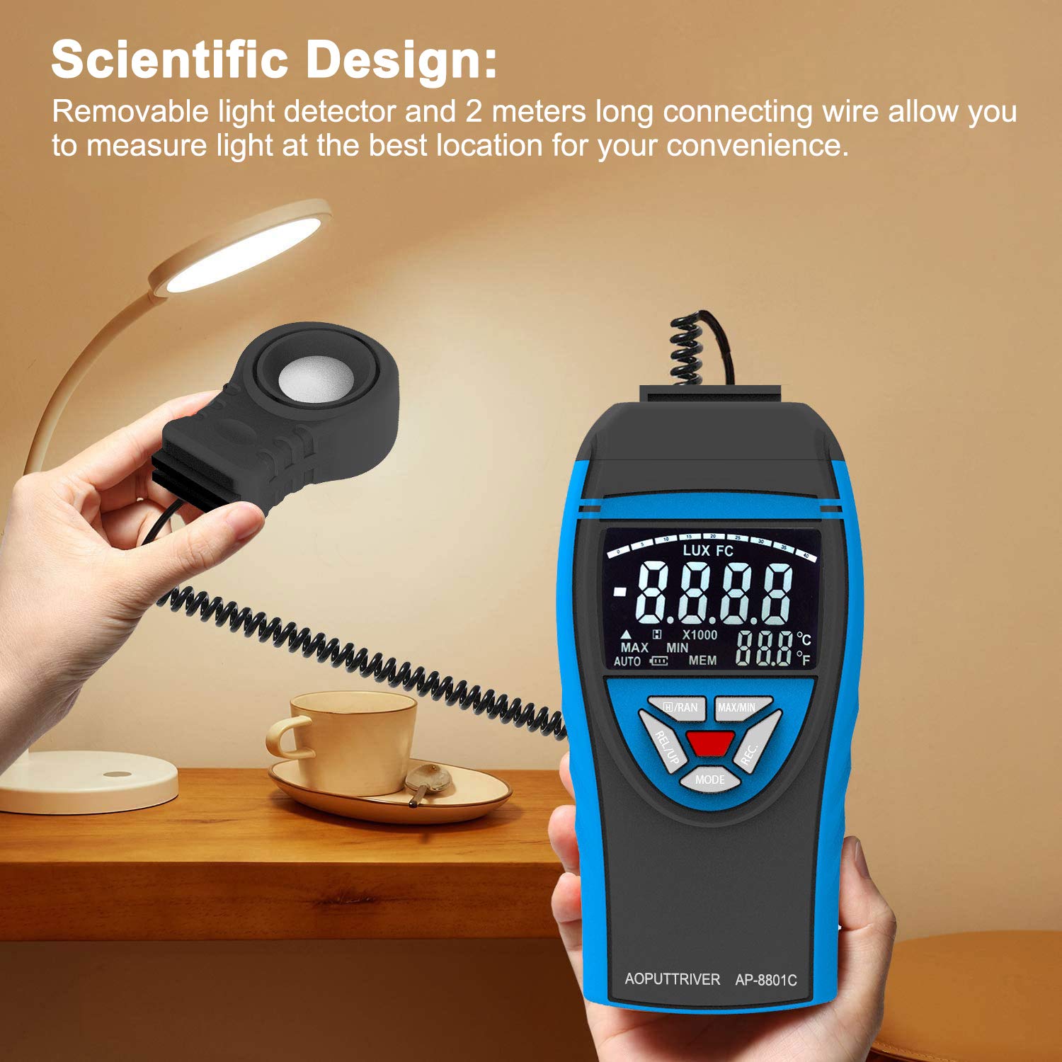 AP-8801C Digital Lux Meter 0.1~400,000Lux Beleuchtungsmessgerät Lux Messgerät Beleuchtungsstärke Lichtmesser mit Ausziehbarem Lichtdetektor bis zu 2 Metern, Daten Halten, Lux/FC-Auswahl - Blau