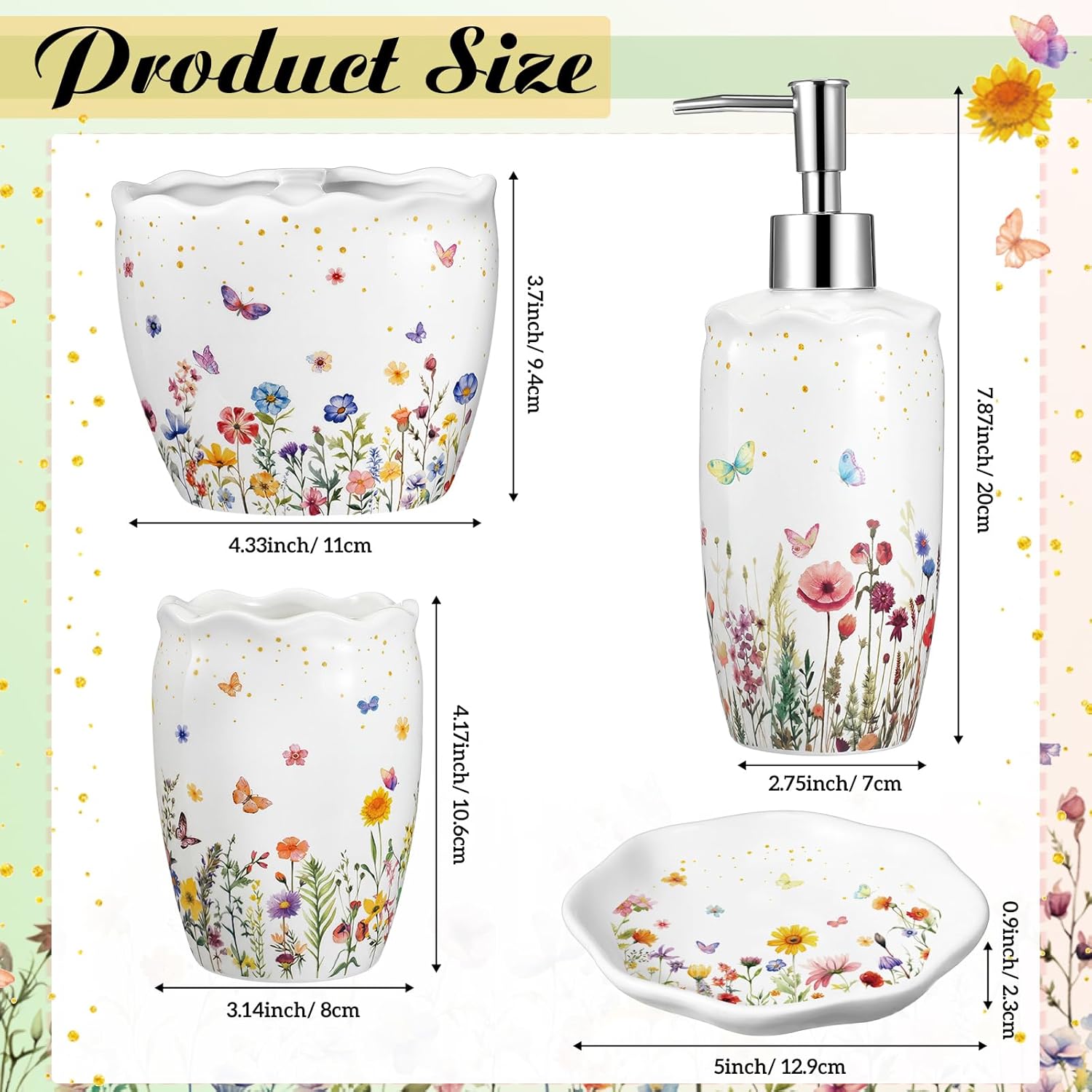 Newtay Ceramic Bathroom Accessories Set of 4, Wildflower Meadow Floral Decor with Butterflies & Gold Speckles, Soap Dispenser Pump, Toothbrush Holder, Tumbler Cup & Soap Dish for Countertop Vanity
