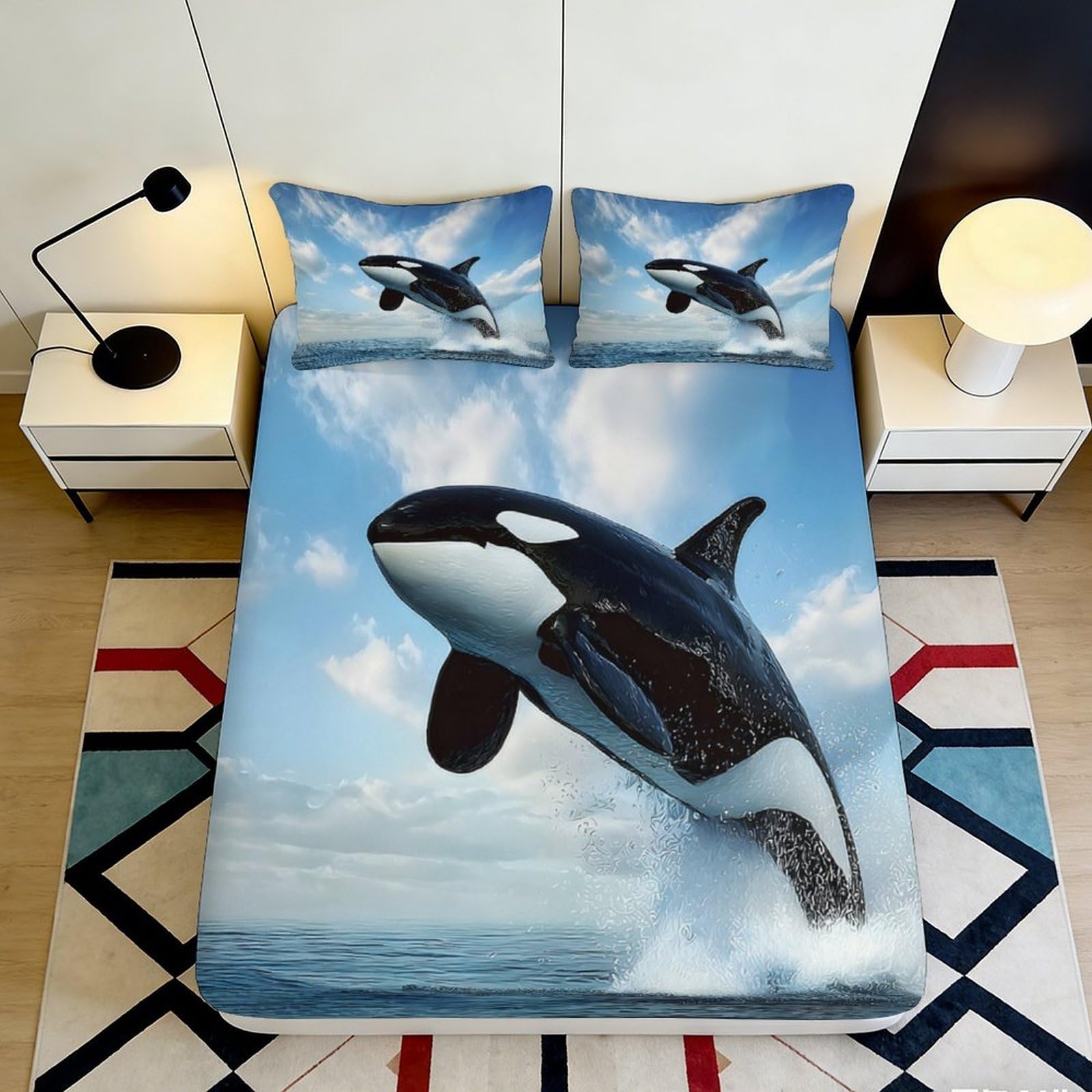 3D Printed Ocean Orca Fitted Sheet Microfiber Soft Breathable Whale Splash Mattress Cover for Bedroom Dorm Decor 120x200x25cm