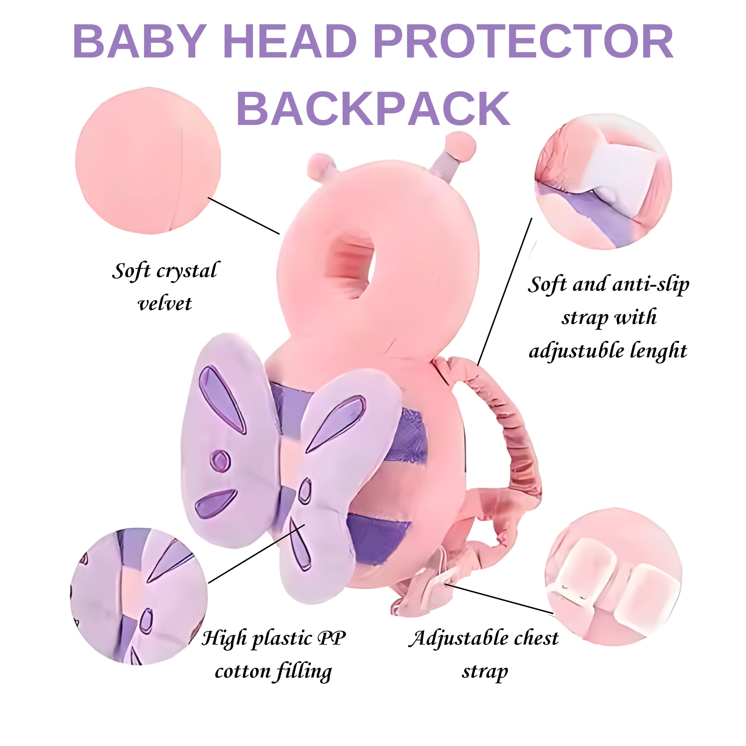 Baby Head Protector Backpack, Comfortable & Safe, Baby Walking Harness, 4 Cabinet Locks & 4 Baby Proof Corners & Edges, Cute Pink Butterfly.