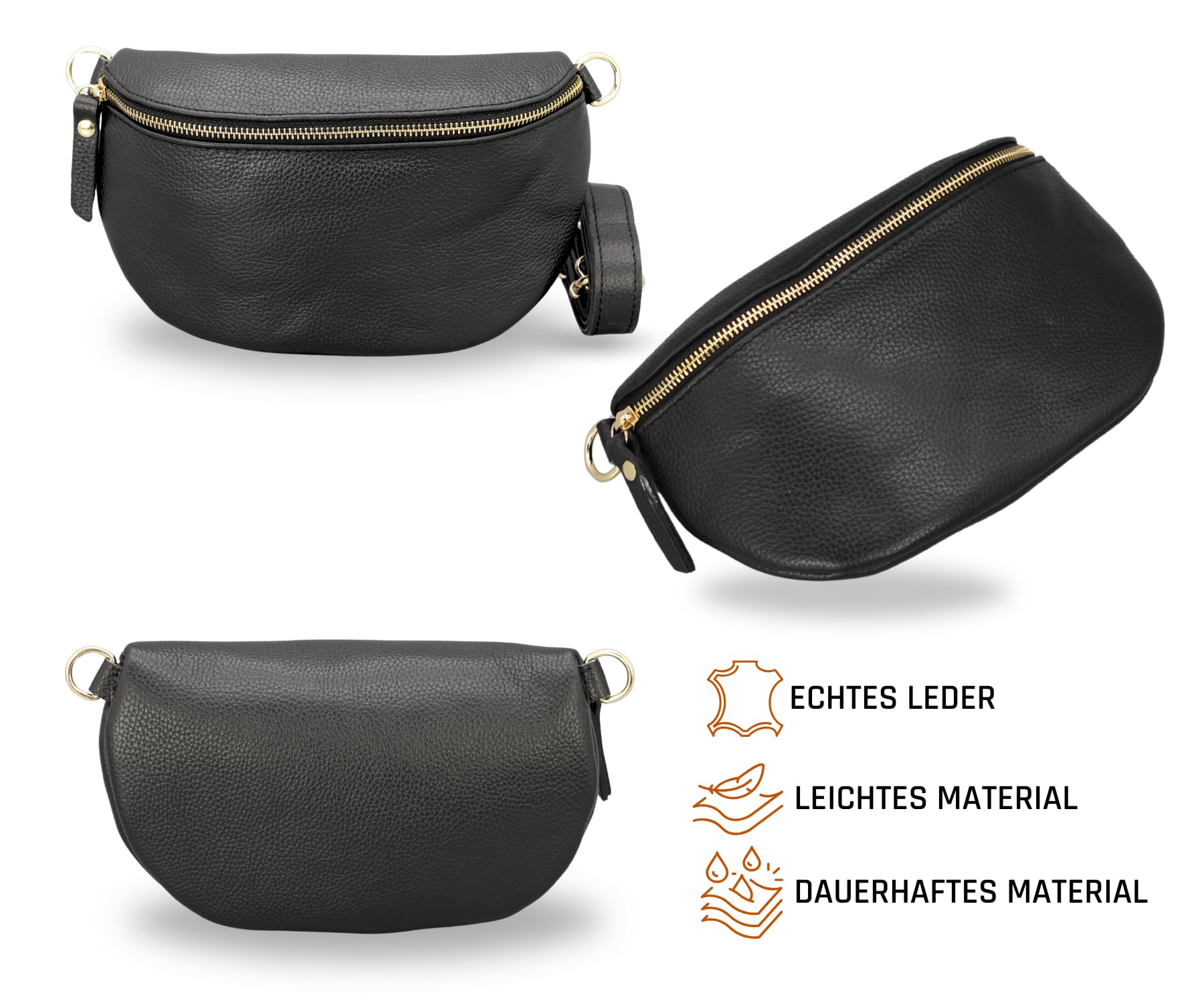 Adel Bags EMMA Gold Bauchtasche Echtleder Handgefertigt Crossbody Bag | Damen Umhängetasche, Echtes Leder, Schultertasche mit Ledergurt & wahlweise gemustertem Riemen, 2 Fächer, Made in Italy