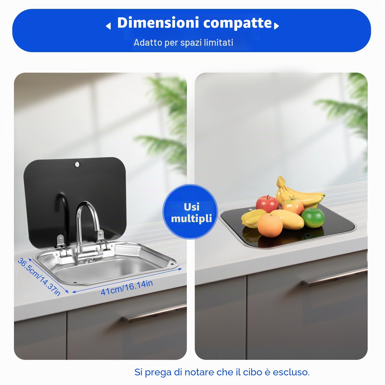 RV - Set lavello da campeggio, ciotola singola, lavabo per roulotte, con rubinetto e 3 tubi, lavello per camper in acciaio inox con coperchio in vetro, per camper e piccole cucine