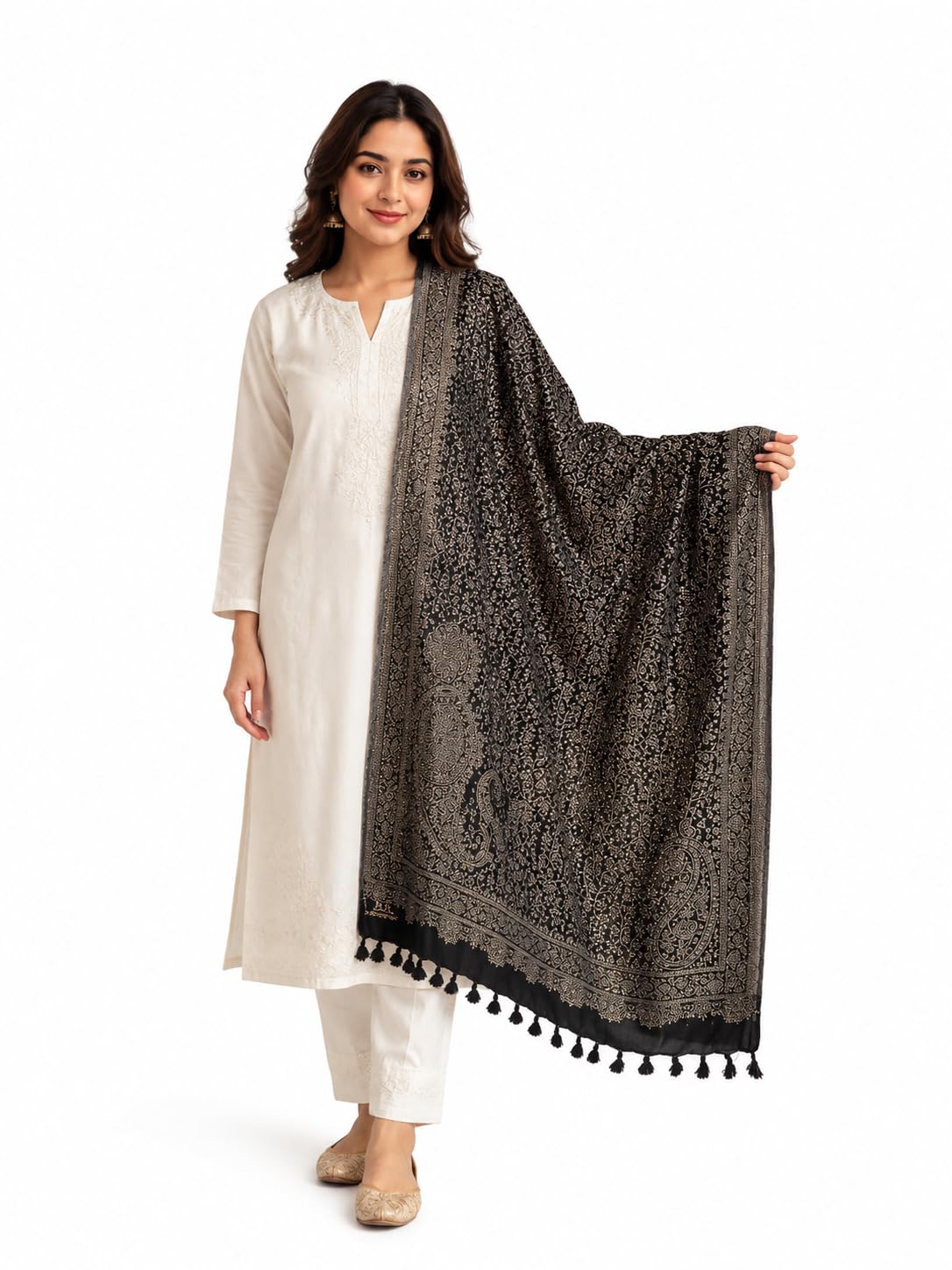 Women's Black Woven Shimmer Kashmiri Style Winter Shawl with Tassels-image-15