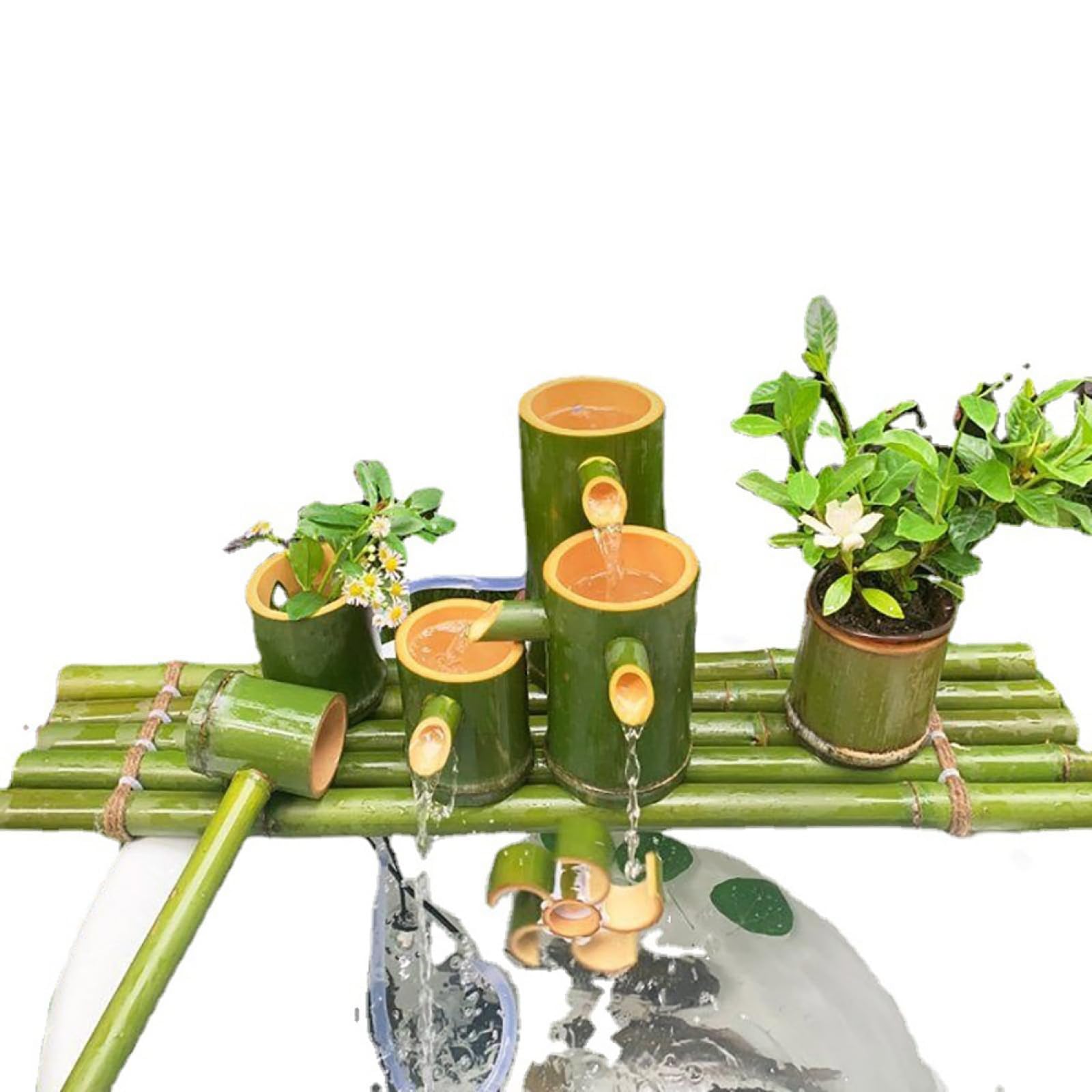 Ręcznie wykonany zestaw fontanny z bambusa solarnego do użytku na zewnątrz, 100% naturalny bambus, wysokość 35 cm, zawiera pompkę, ekologiczną funkcję wody, do ogrodu, na patio i balkon