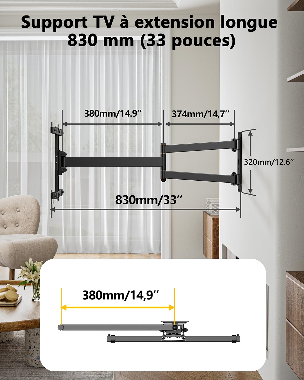 FORGING MOUNT Support Mural TV avec Bras Long de 943mm pour Écrans Plats/Incurvés de 26 à 65 Pouces jusqu'à 45 kg, Support TV Mural Articulé, Pivotant, Inclinable, Max VESA 400x400 mm