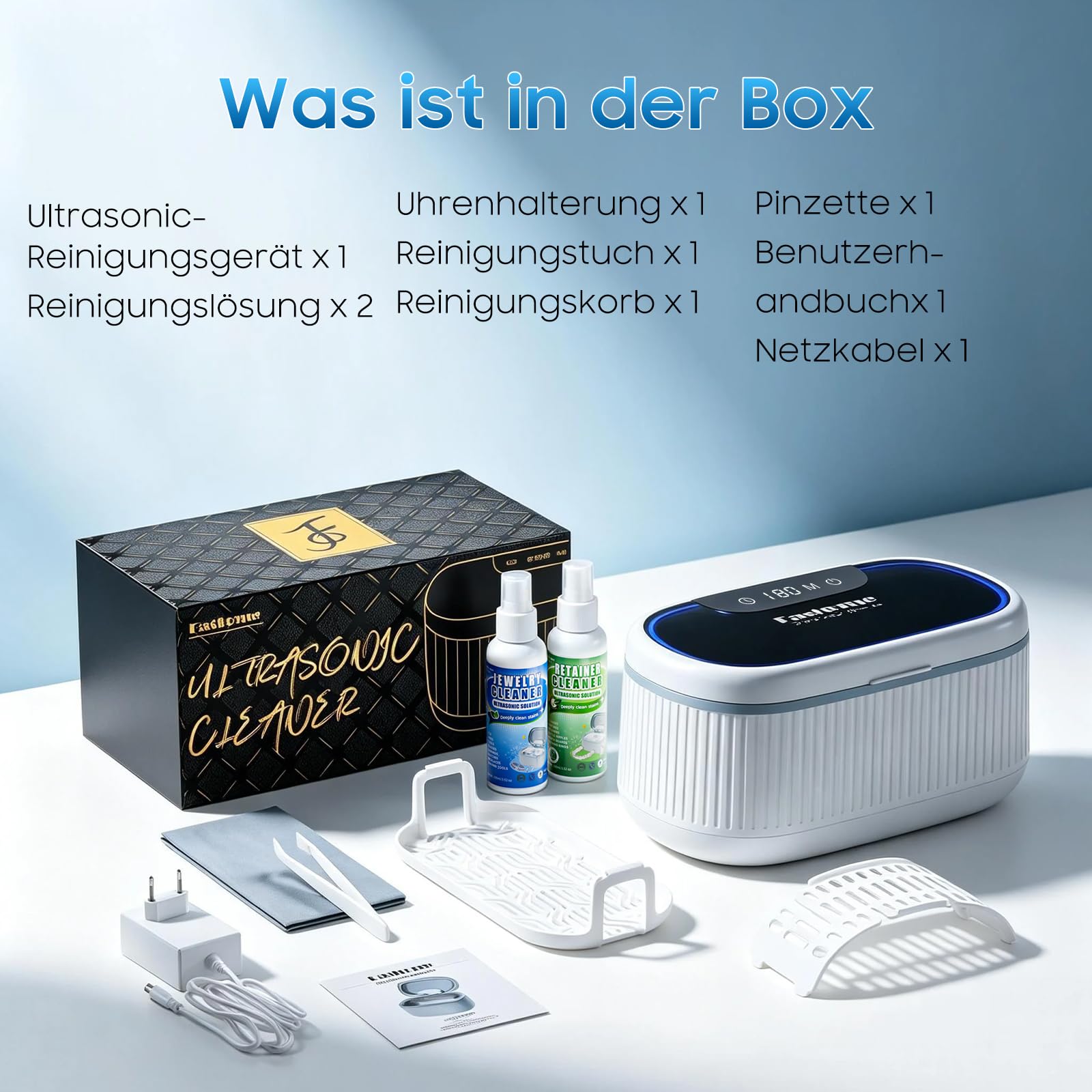 Fashome Ultraschallreiniger mit 2×100 ml Reinigungsflüssigkeit, 45 kHz 3 Modi, 550 ml Edelstahltank, für Schmuck, Brillen, Uhren & Zahnersatz, Reinigungskorb & Uhrenhalterung – mit Geschenkbox