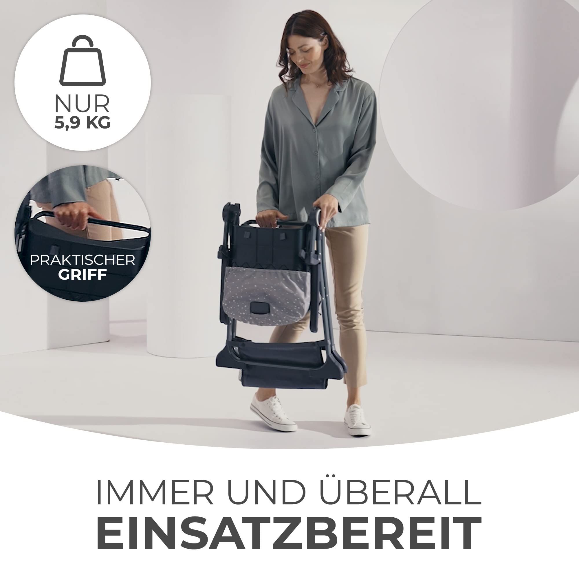 Kinderkraft FOLDEE Hochstuhl Baby, Kinderstuhl ab 6 Monate, Zusammenklappen, Leicht zu tragen mit einer Hand, Verstellbare Rückenlehne und Fußstütze, Tablett und Zubehörkorb im set, Grau