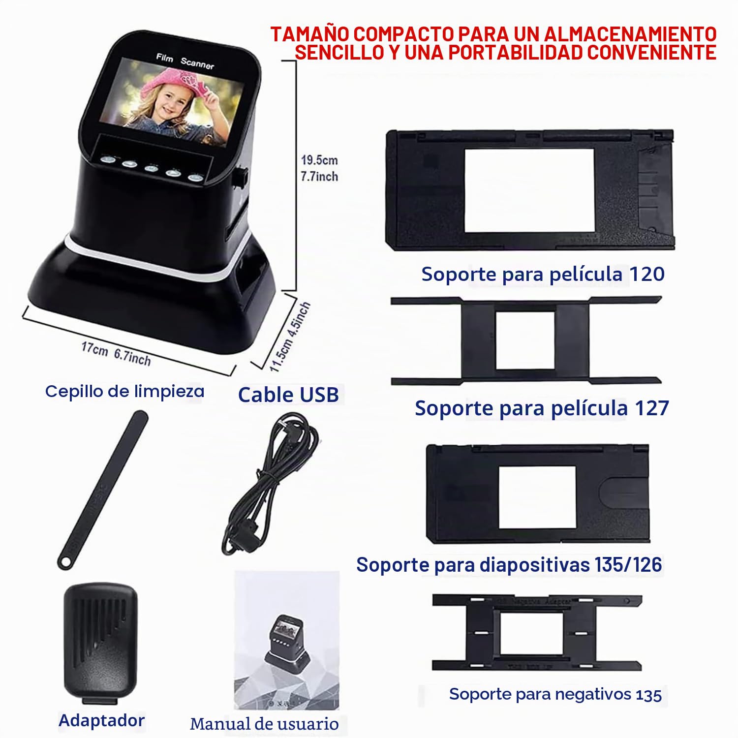 Escáner Digital de Películas y Diapositivas, 120 Escáner de Películas de Alta Resolución con Pantalla LCD de 4,3", Conversión de 35 mm, 135, 126, 127 Negativos y Diapositivas a JPEG Digital, Convert