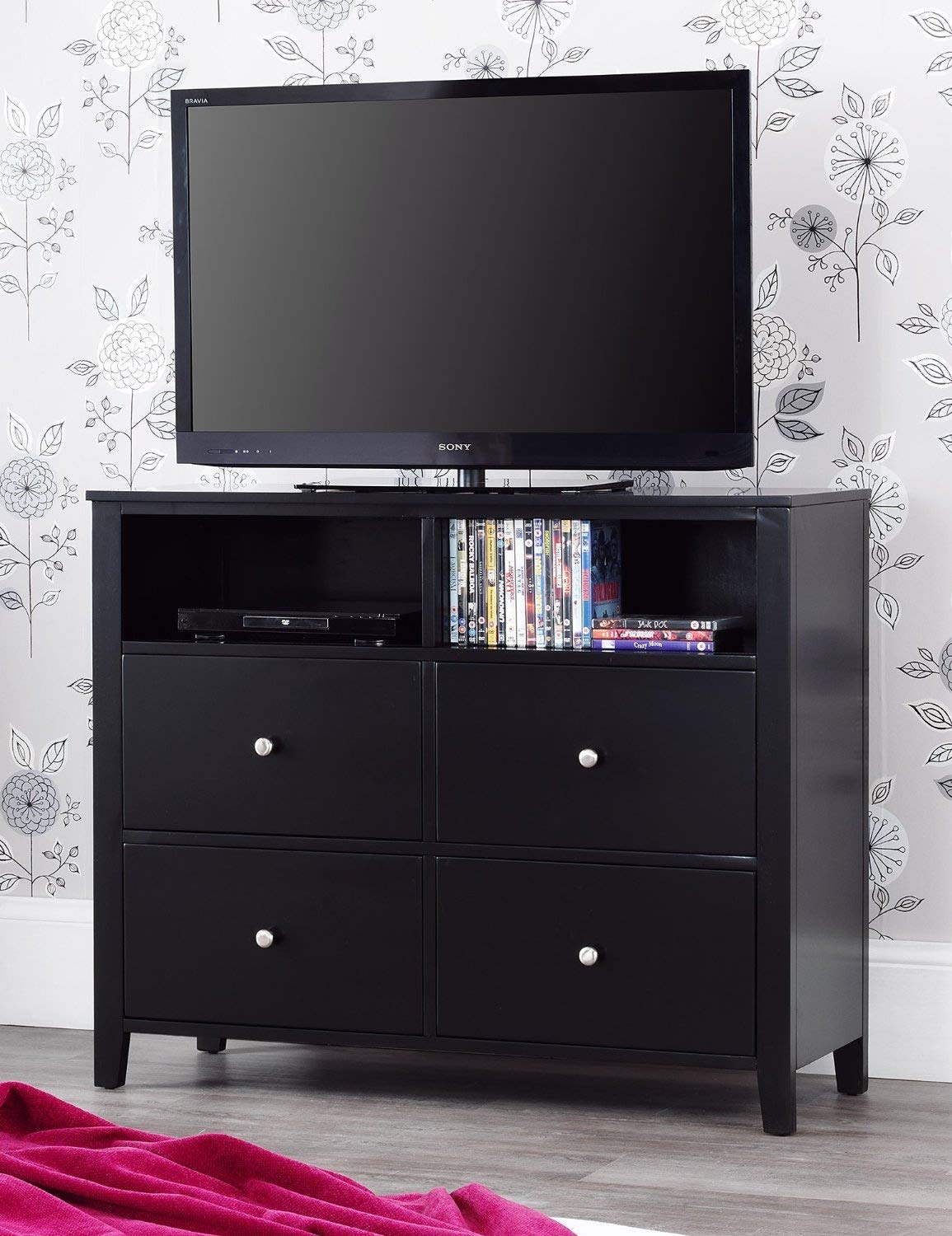 Brooklyn Black Media Chest with 4 deep drawers, Large chest of drawers with metal runners and dovetail joints. ASSEMBLED