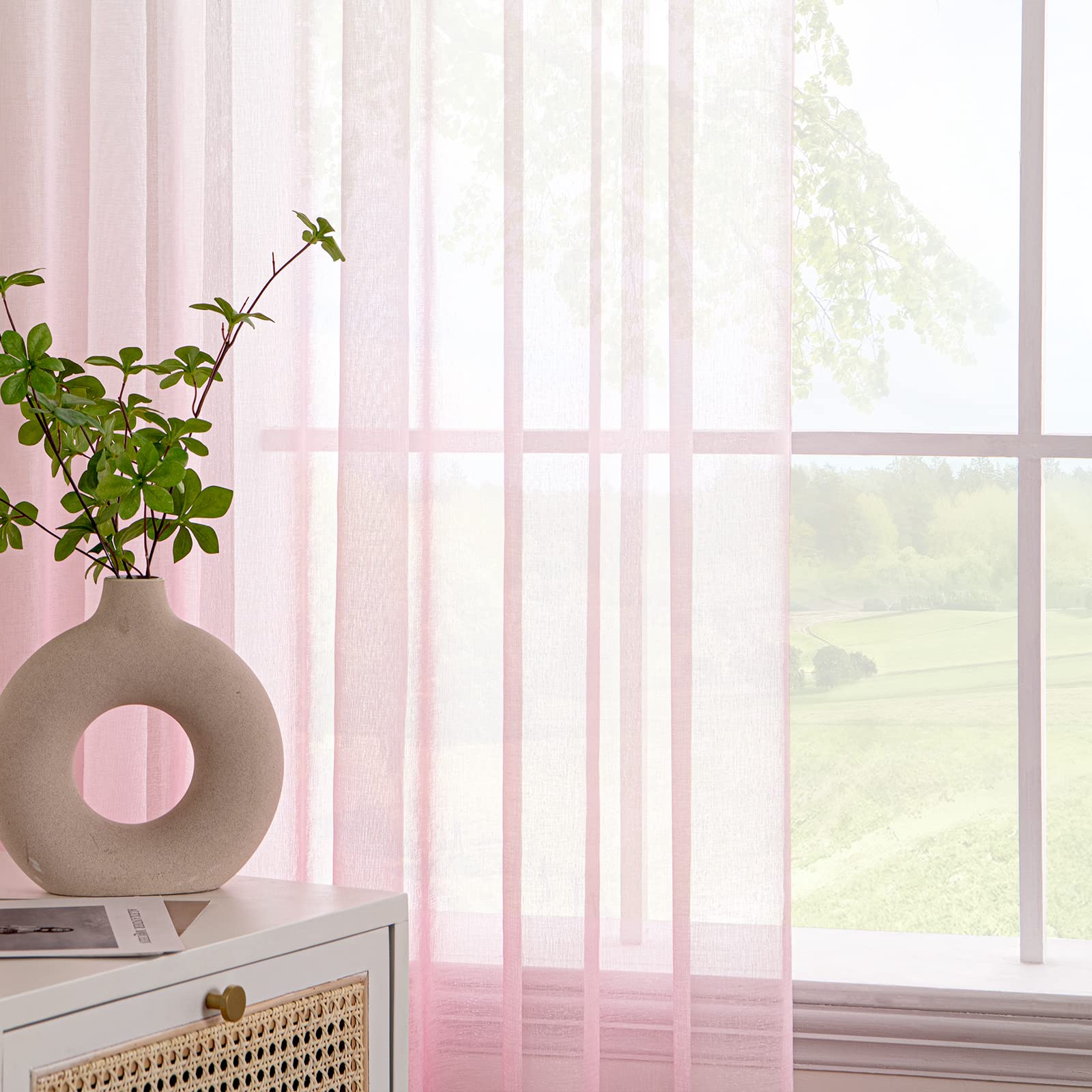 EMEMA Gordijnen met oogjes, van polyester met kleurverloop, semi-transparant, decoratie voor woonkamer, slaapkamer, kantoor, 2 stuks, 140 x 215 cm, roze
