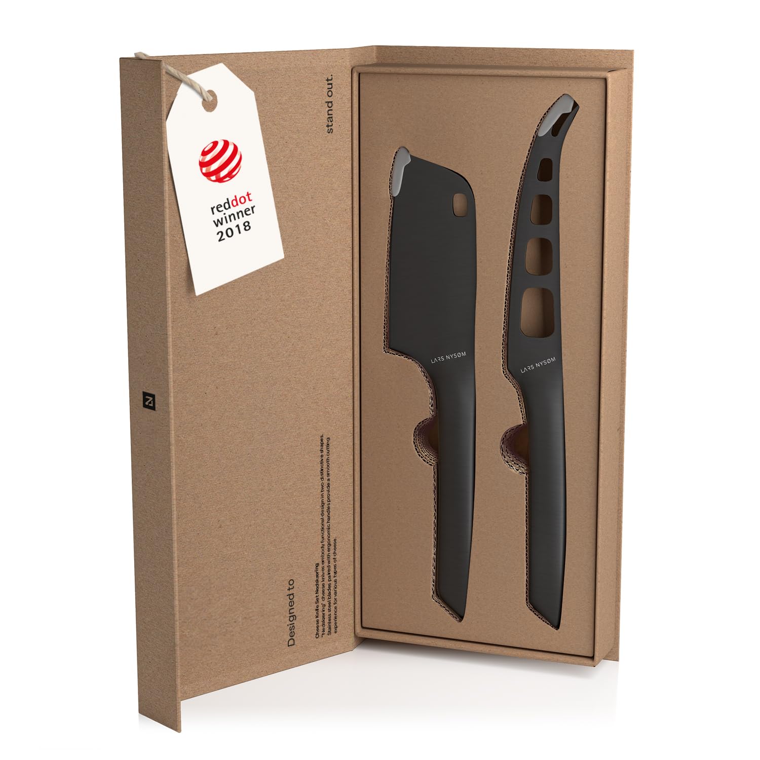 LARS NYSØM Käsemesser Set 2-Teilig I Messerset Edelstahl I Hochwertiges Käseschneider-Set aus Edelstahl bestehend aus Käsemesser für Weichkäse und Käsebeil für Hartkäse (Carbon Black)