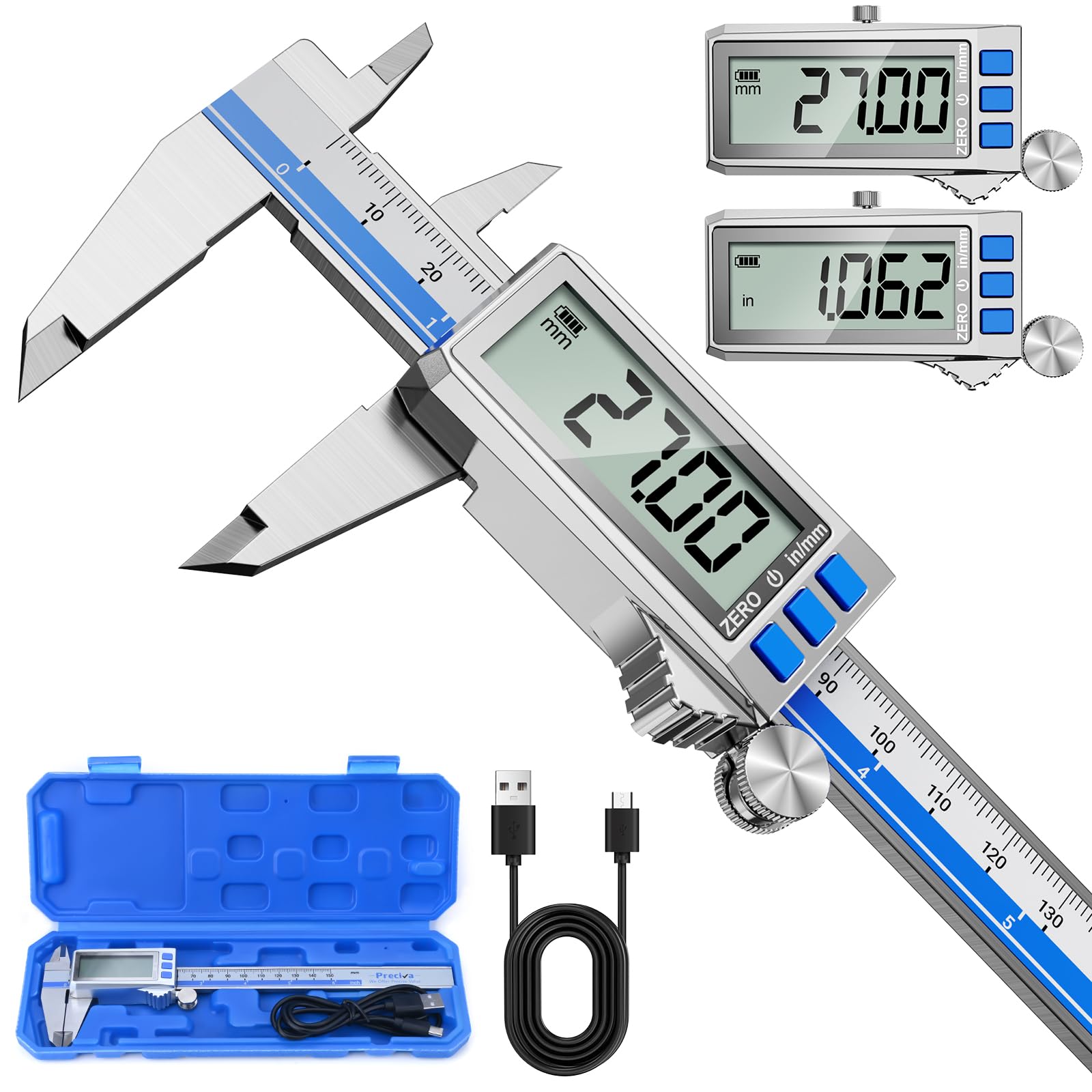 Preciva Calibre Digital, Pie de Rey Digital USB-C Recargable, 150mm Calibrador Digital con Pantalla LCD Grande, Acero Inoxidable, Conversión MM/Pulgadas Profesional y Hogar