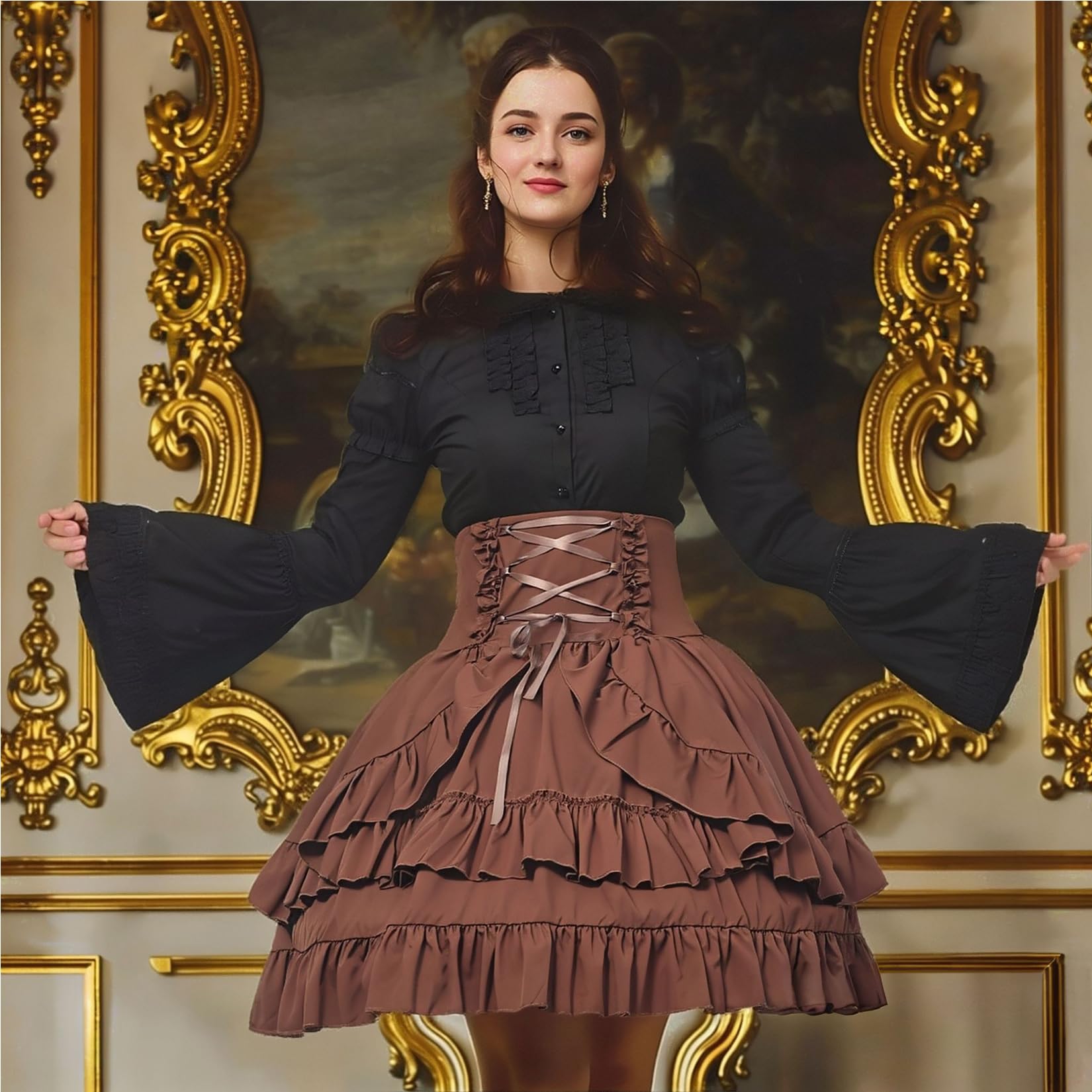 Women's Steampunk Victorian Skirt Renaissance Layered High Waist Vintage Skirt Cosplay Halloween Costume, brown, M - Image 2