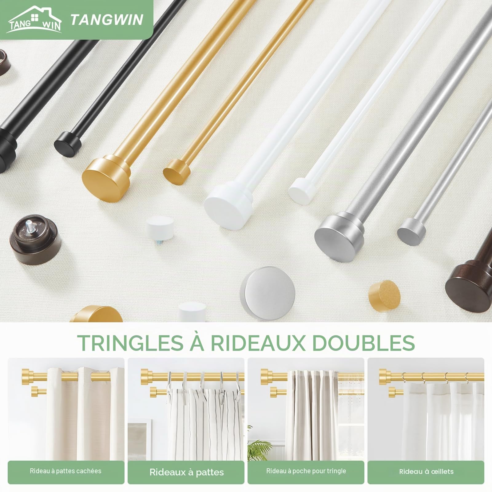 TANGWIN Tringle à rideaux double, double tringle à rideaux dorée pour fenêtres de 167,6 à 304,8 cm, double tringle à rideaux réglable de 2,5 cm, tringle à rideaux double dorée de 167,6 à 304,8 cm