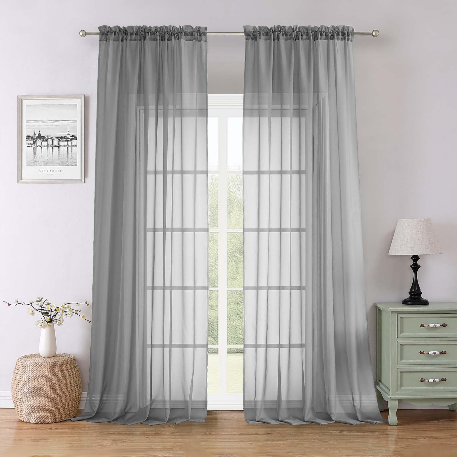 Photo 1 of Lecloud Charcoal Grey Sheer Curtains for Living Room 96 Inches Long 2 Pcs, Airy Solid Color Light Filtering Curtains for Bedroom Dining Room, Dual Rod Pocket Drapes, Each Panel 59" W x 96" L