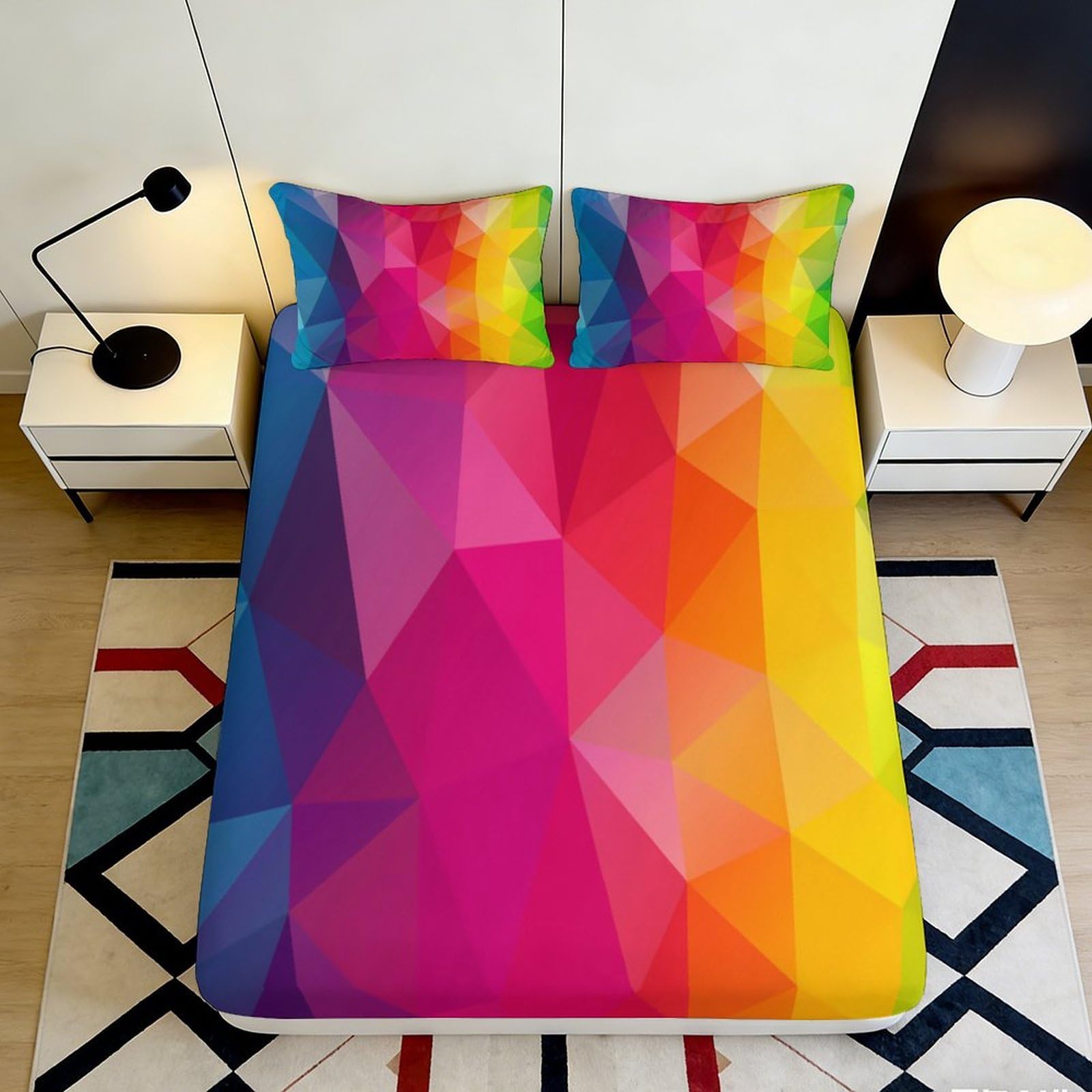 3D Printed Colorful Geometric Fitted Sheet Microfiber Vibrant Polygonal Bed Sheet for Bedroom Dormitory Guest Room Mattress Protection 140x200x25cm