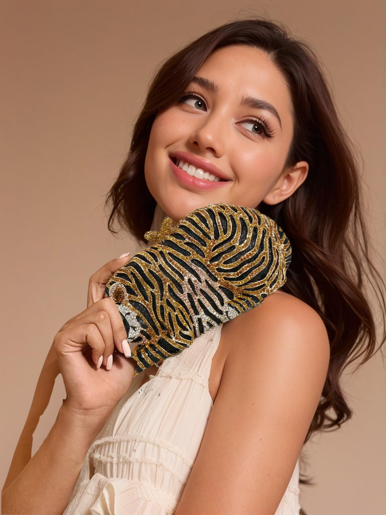 Bolso de mano con forma de tigre para mujer, con diamantes de imitación, para fiesta de graduación, Oro