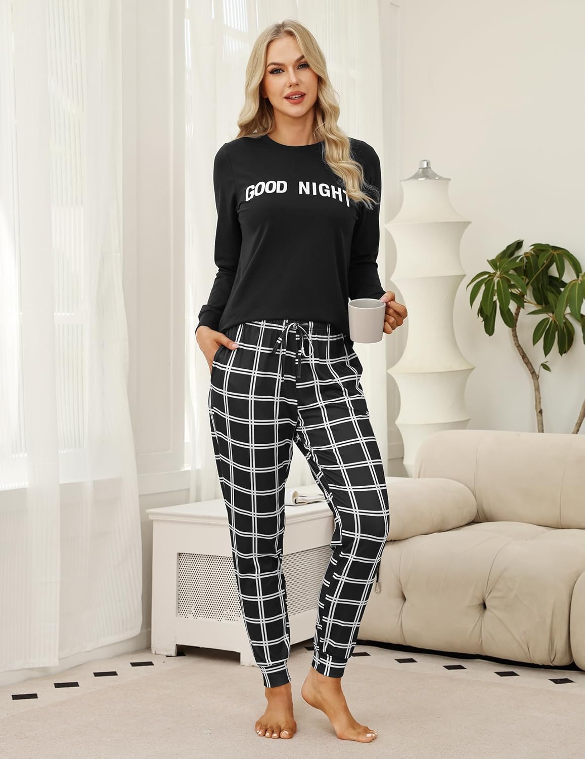 Cotton Pajamas for Women Set Soft Women's Long Sleeve Pajamas Set with Check Jogger Pants Lounge Set with Pockets - Image 7