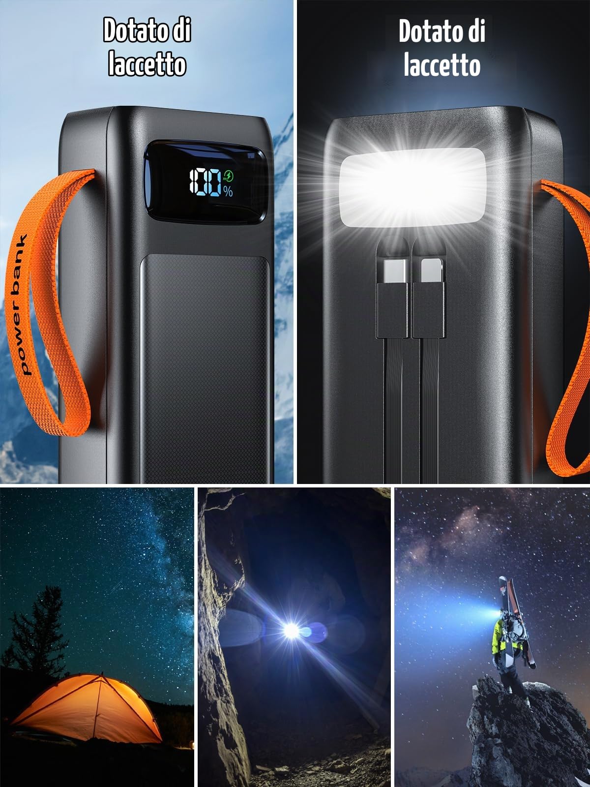60000mAh Power Bank 45W PD Caricatore Portatile Cavi Integrati Batteria