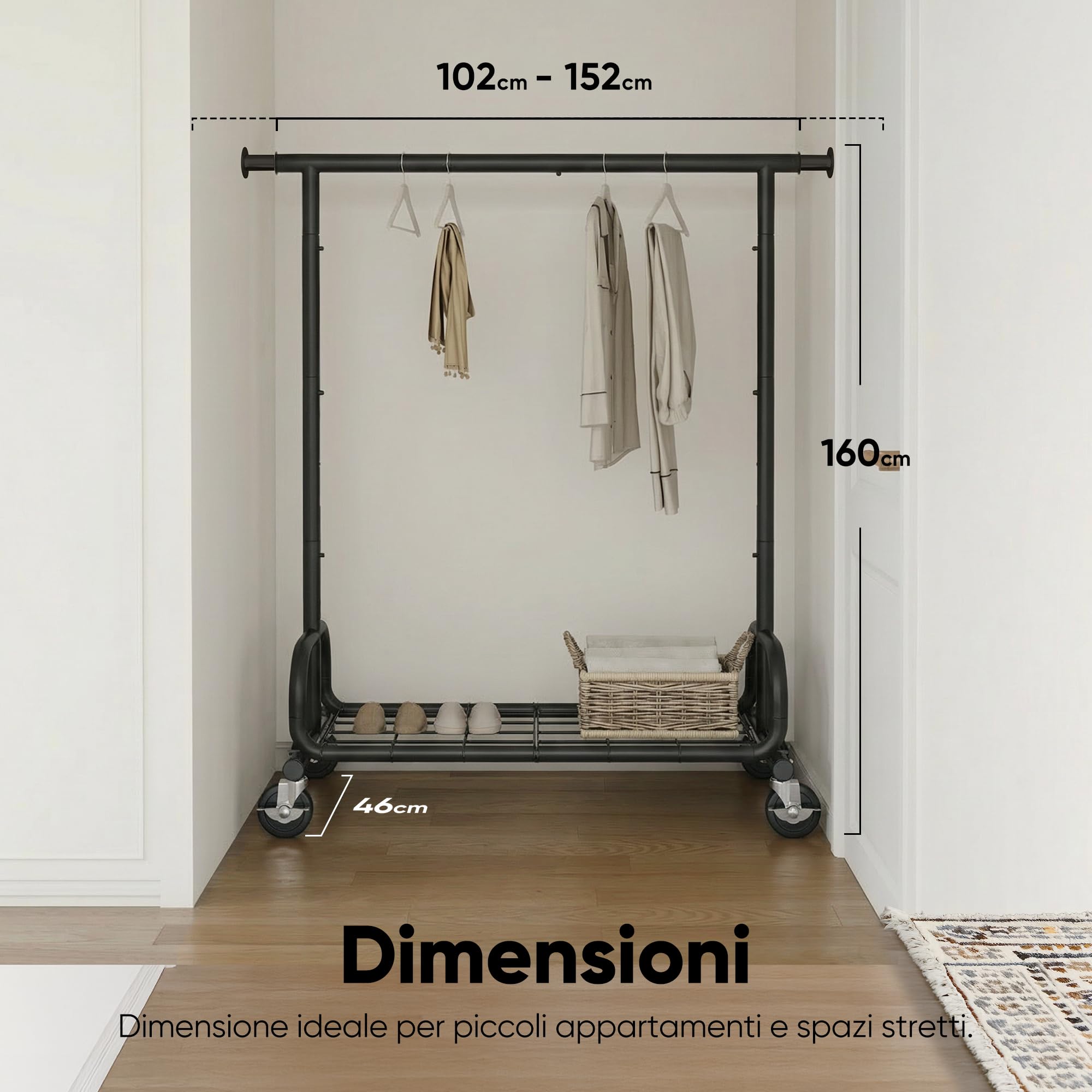 HOKEEPER Appendiabiti da Terra Resistente 136kg, Barra Estensibile con Ruote Bloccabili e Ripiano, Salvaspazio per Camera da Letto, Appartamento Piccolo, Lavanderia, Nero