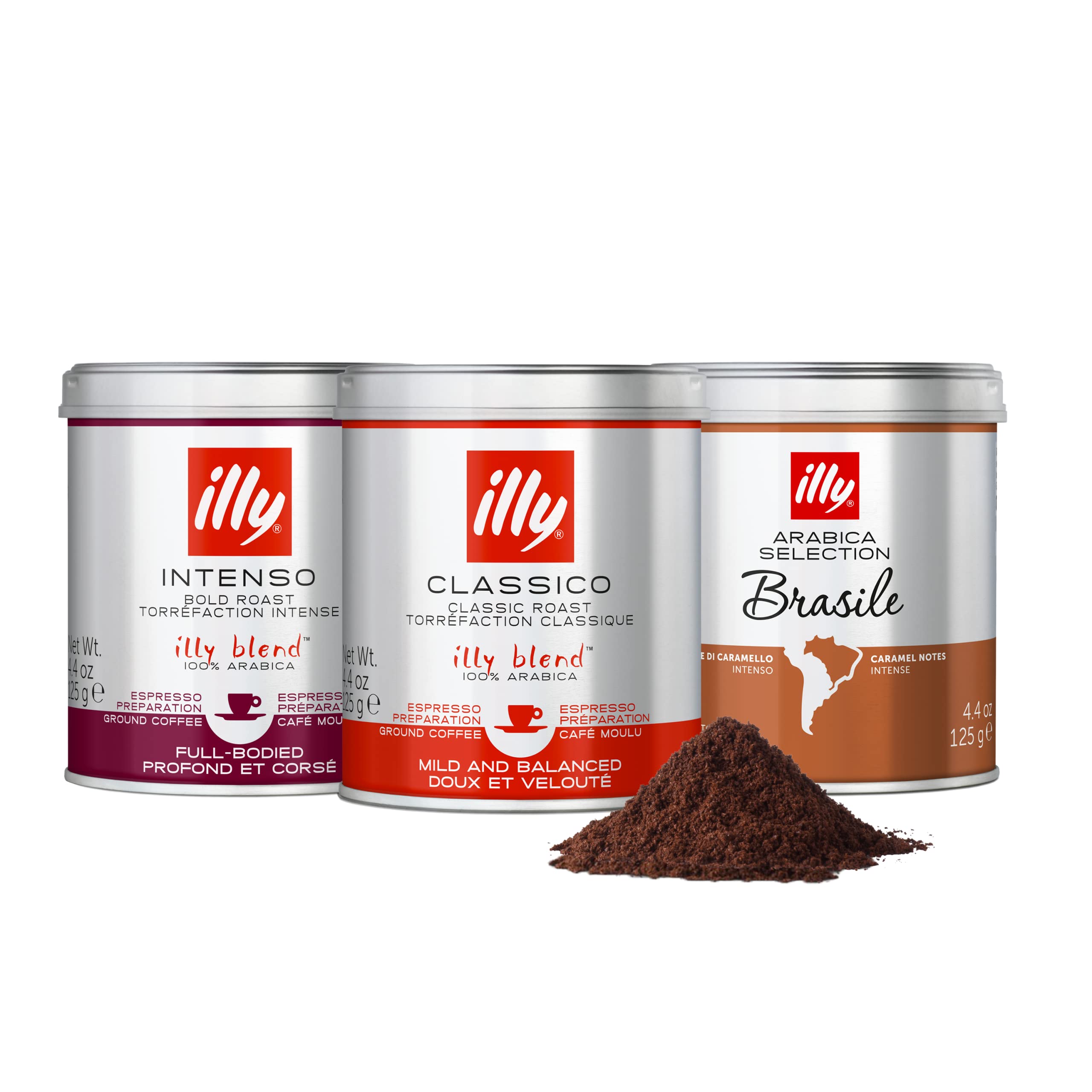 Illy, Coffret Cadeau Sapin de Noël - Trois boîtes de Café Moulu - Torréfié Classico, Torréfié Intenso, Arabica Sélection Brésil - 3 paquets de 125 gr, Total: 375 grammes