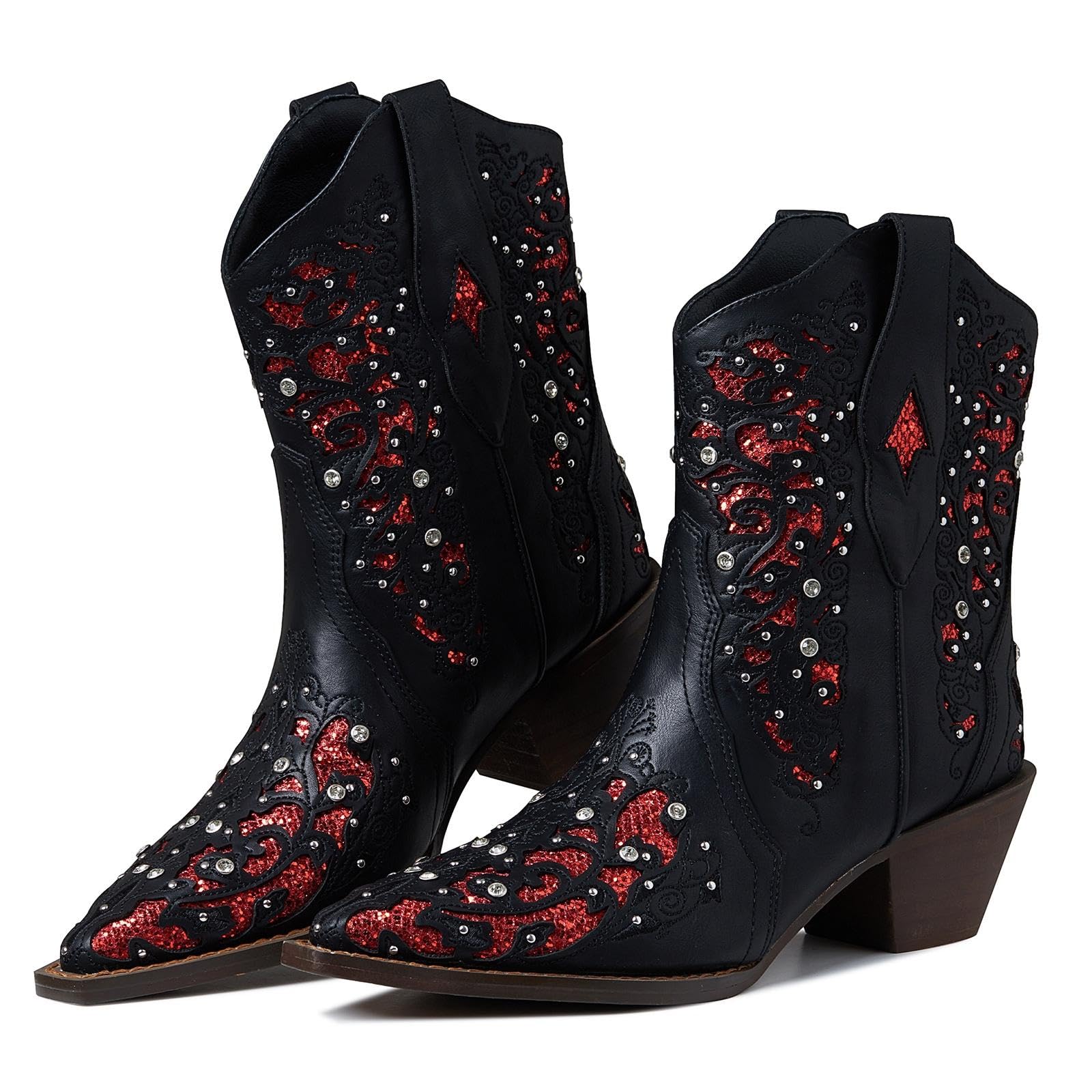 mikarka Inlay Glitter Mid Calf Cowboy Boots for Women Western Cowgirl Boots Embroidery Pointed Toe Sparkly Rhinestone Booties for Wedding, Dance