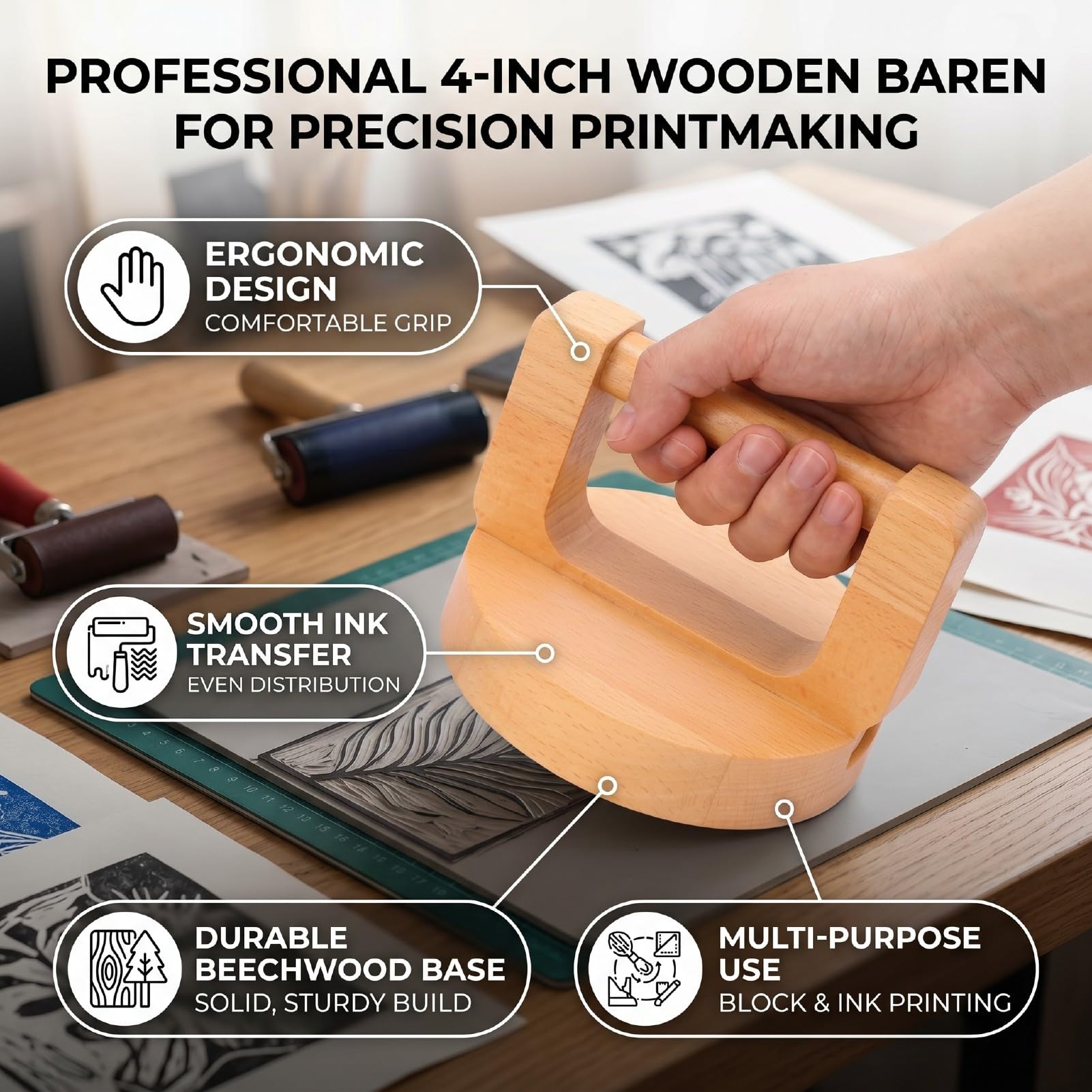 AMONIDA 4 szt. Narzędzie do Tworzenia Grafik z Litego drewna. Ergonomiczny Uchwyt o średnicy 4 Cali | Zmniejsza zmęczenie dłoni grafików drzeworytników, stały nacisk na drobne wydruki, do stempla drukarskiego do scrapbookingu