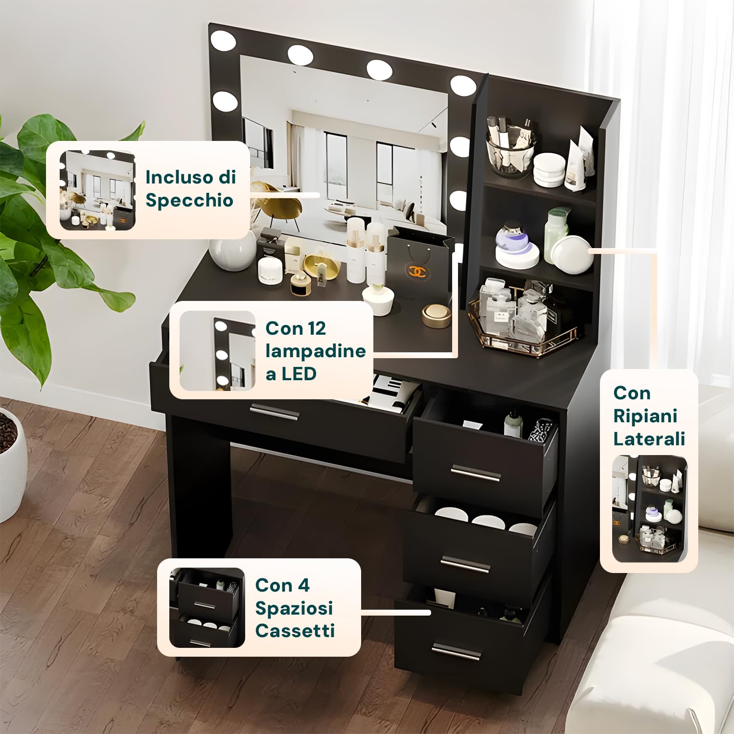 Avilia - Postazione Trucco con Specchio Trucco con Luci LED – 12 Lampadine, 3 Tonalità, 4 Cassetti, 3 Ripiani | Scrivania Trucco con Specchio, MDF, H140×L94×P40 cm, Multiuso Studio e Make-Up