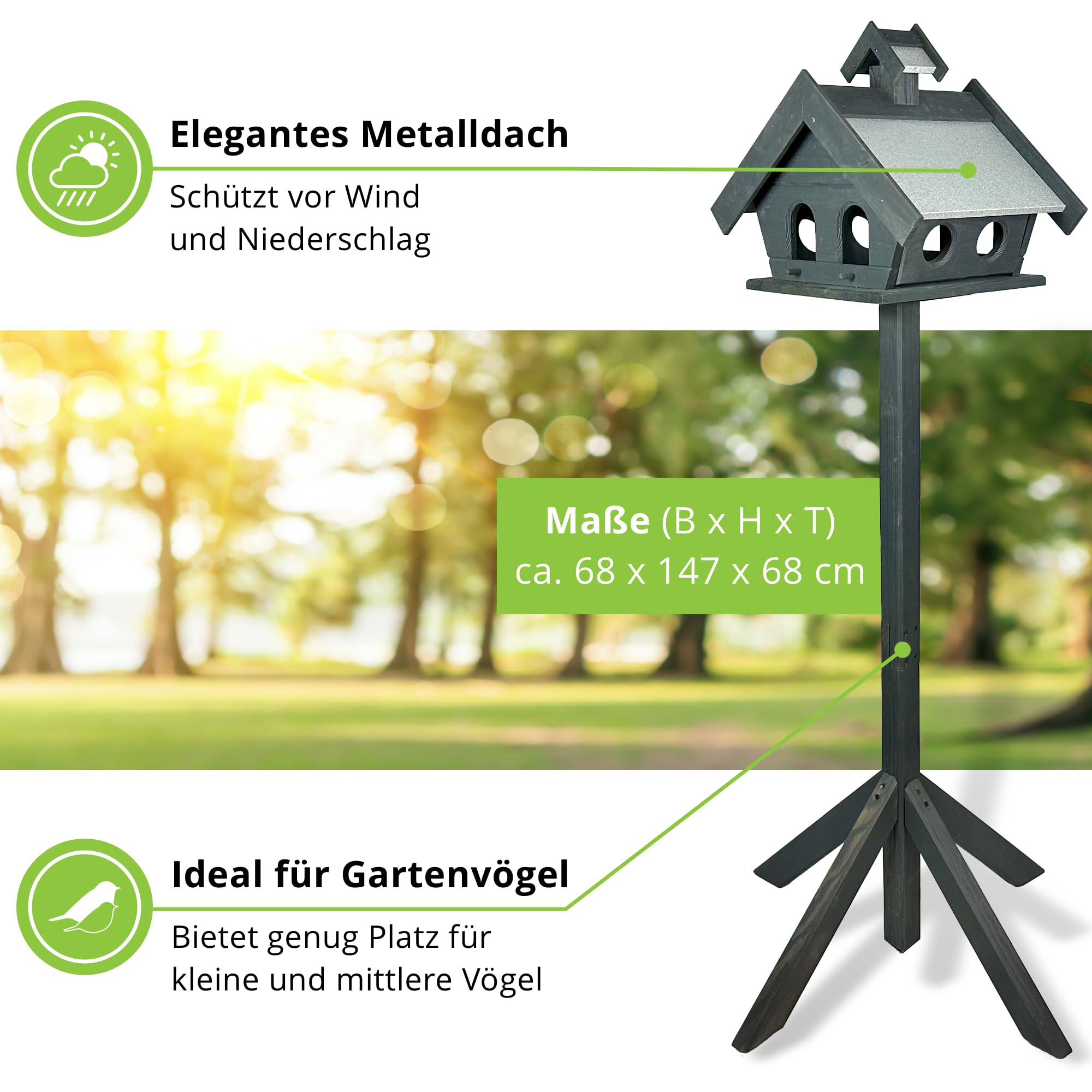 GARTENETAGE Vogelhaus Holz mit Metalldach und 2in1 Ständer/Vogelhaus wetterfest und stabil/Vogelfutterhaus mit Ständer/Robustes Vogelhäuschen für Balkon und Garten