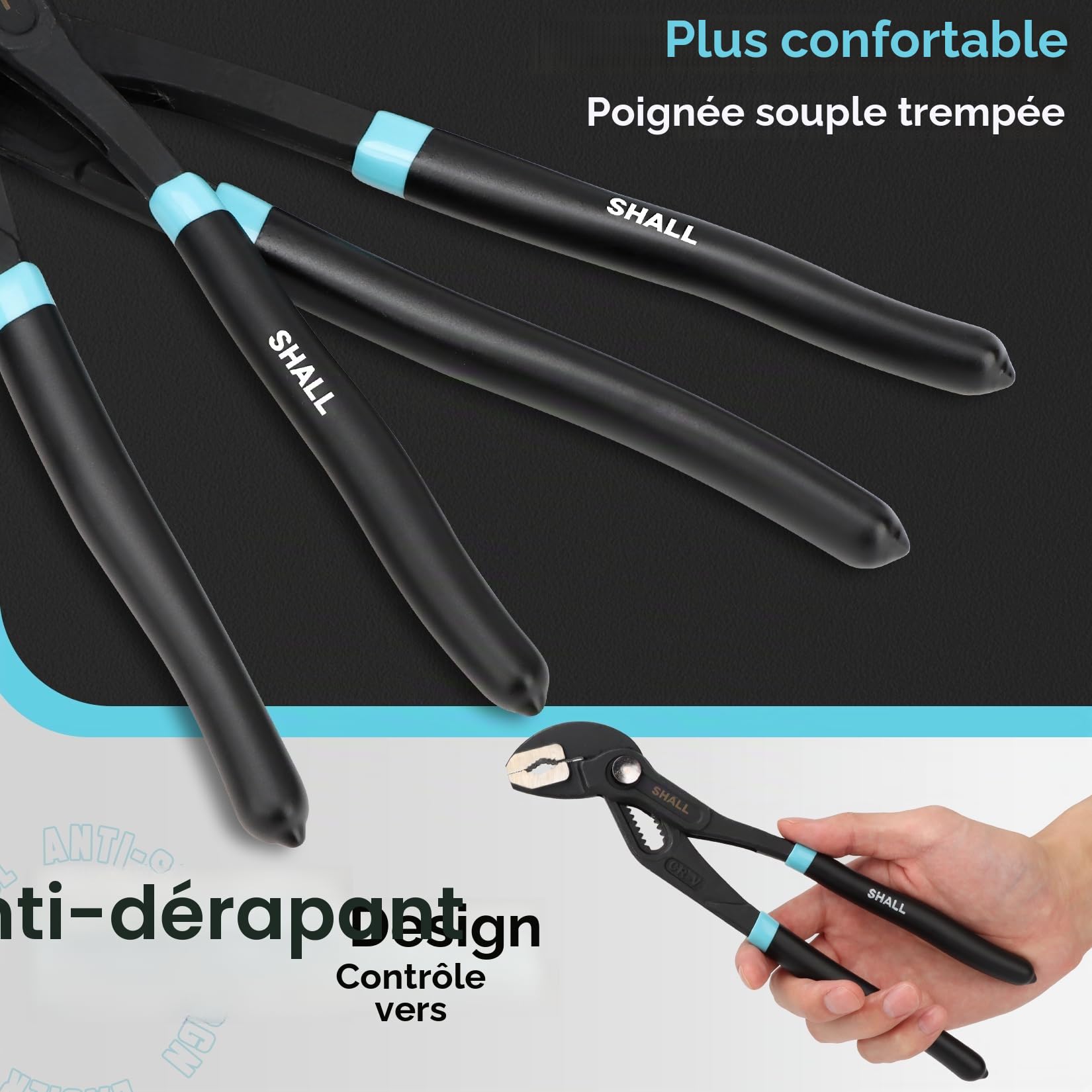 SHALL Lot de 3 pinces à joint rainuré (30,5 cm, 23,5 cm, 17,8 cm), à pompe à eau en acier Cr-V, pince à rainure et languette à réglage rapide avec sac à outils pour réparation domestique et plomberie