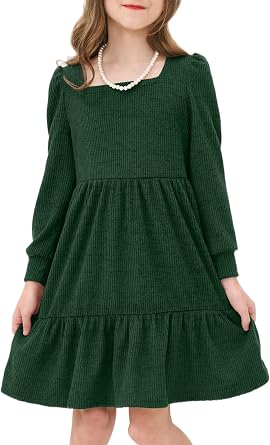 JiAmy Girls Square Neck Long Sleeve Knit Sweater Dress with Pockets | Soft stretch knit with square neck, tiered A-line skirt, knee length and two side pockets for fall and winter layering
