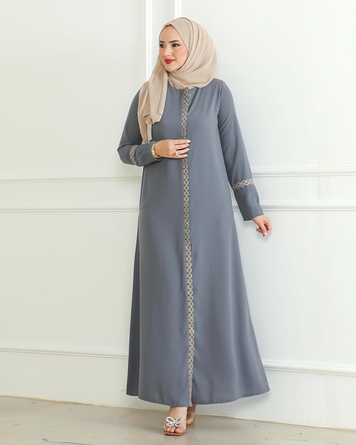 istanbul styles Embroidered Sleeves Abaya with Side Zipper Embroidery Long Sleeve Floor Length Turkish Abaya for Women - Image 3