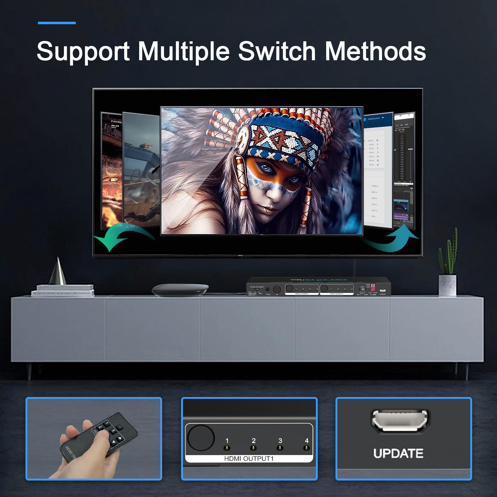 Matrice HDMI 4 in 2 Out 4K 60Hz 4:4:4 ARC HDR D-olby Vision Atmos SPDIF 5.1CH Breakout 3.5mm Stereo HDCP2.2- Console PC 16 EDID HDMI Scaler 4K 1080P Sync, HDCP2.2 HDMI2.0 Matrix 4x2 IR Remote