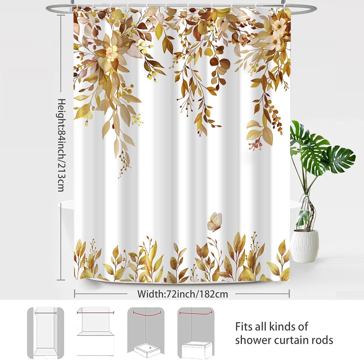 Eucalyptus Shower Curtains for Bathroom, Brown Watercolor Leaves with Floral Shower Curtain Sets with Hooks, Waterproof Fabric Botanical Bathroom Decor, 72x84 Inches