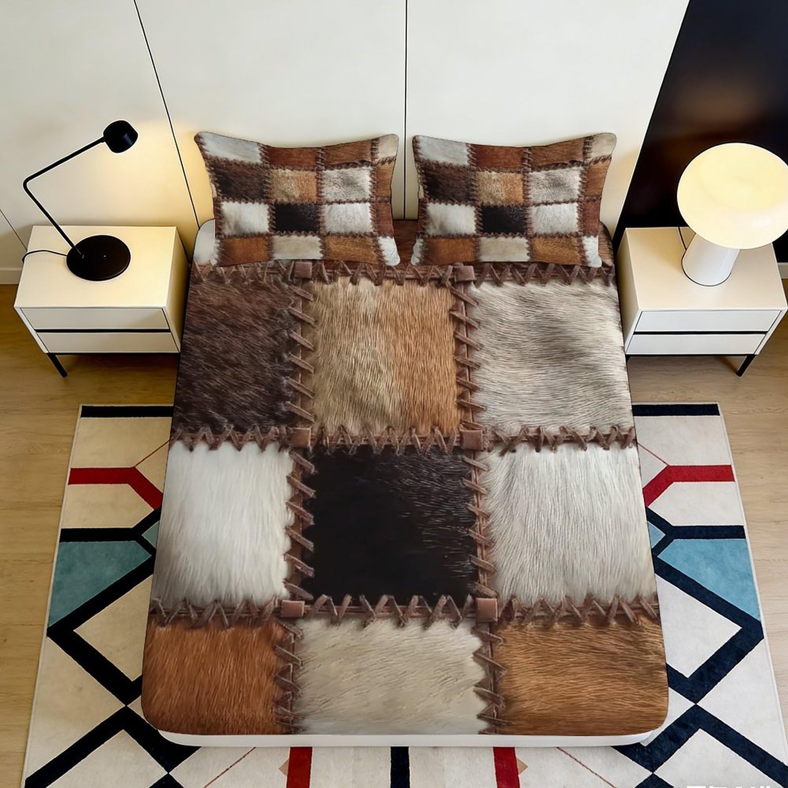 Pnayamiorkfel Style-6 3D Printed Patchwork Faux Fur Pattern Fitted Sheet Microfiber Soft Breathable Rustic Brown Mattress Cover Bedroom Decor 90X200x25cm